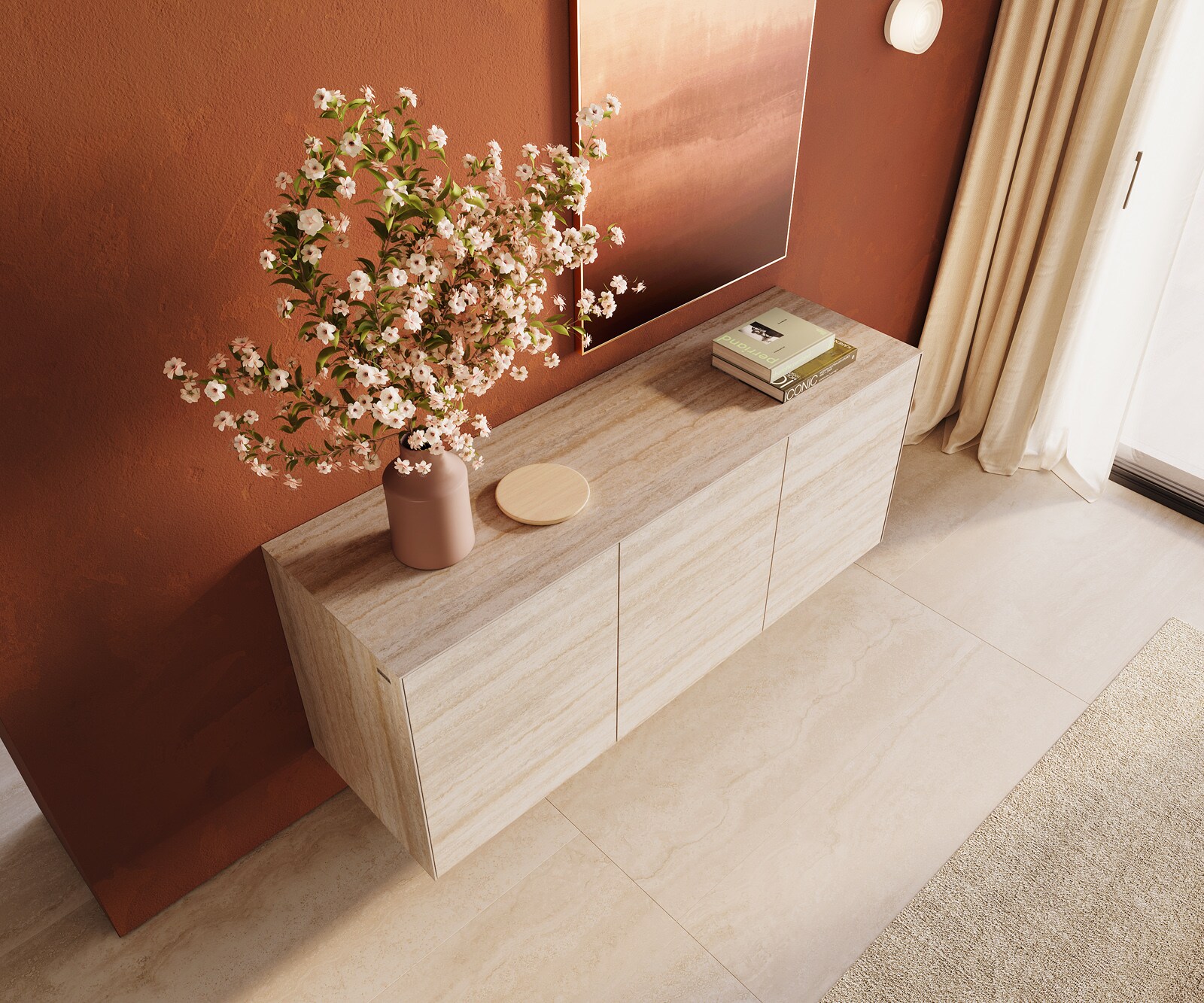 Sideboard Cuor 150 cm Keramik Laminam® Travertino Bianco Creme-Weiß 3 Türen Schwebend 4