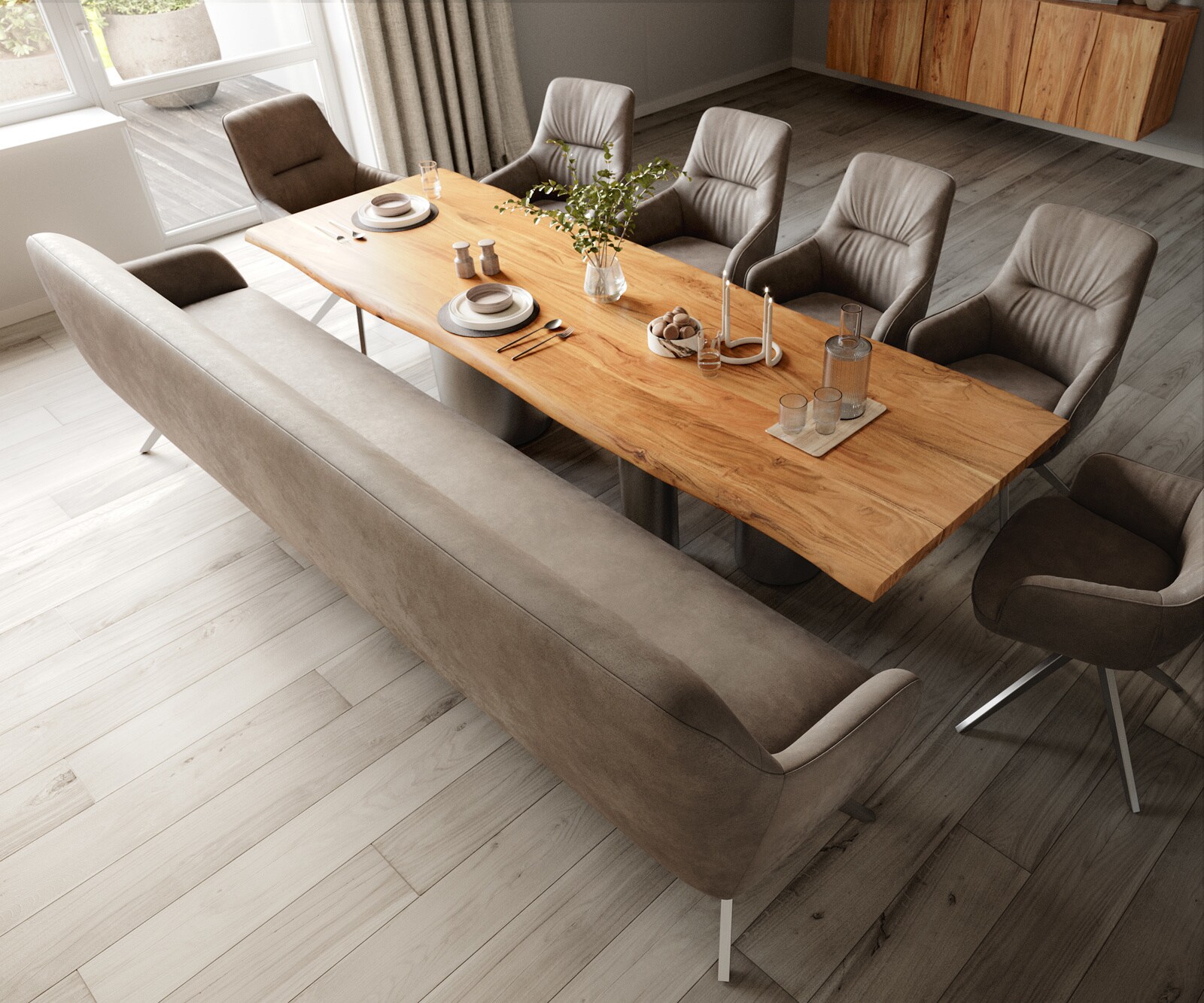 Esszimmerbank Taya-Flex 300 cm Mikrofaser Taupe Vintage Kreuzgestell kantig Edelstahl Taschenfederkern 3