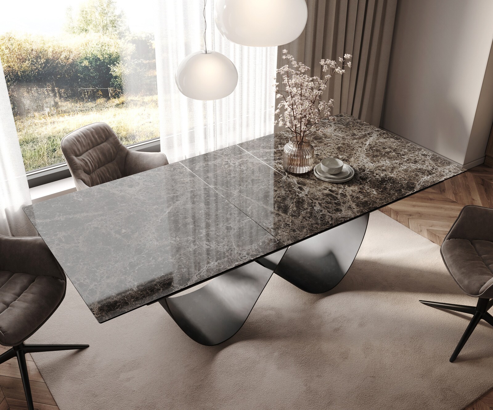 Esstisch Edge 180-220x100 Keramik Laminam® Emperador Extra Lucidato Dunkelbraun Infinity Metall Schwarz ausziehbar 3