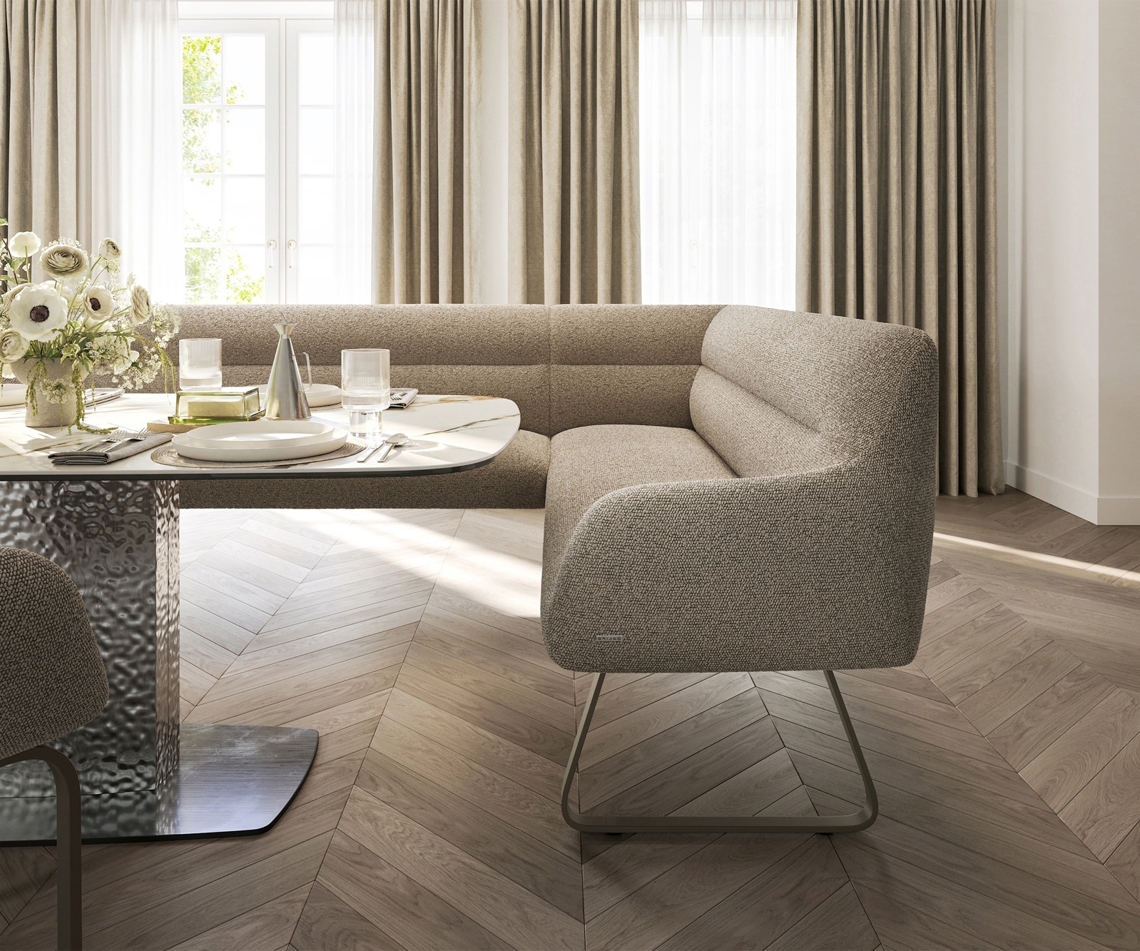 Esszimmerbank Taya-Flex 285x190 cm Bouclé Schlamm Kufengestell flach Effektfinish Titan Taschenfederkern Rechts 5