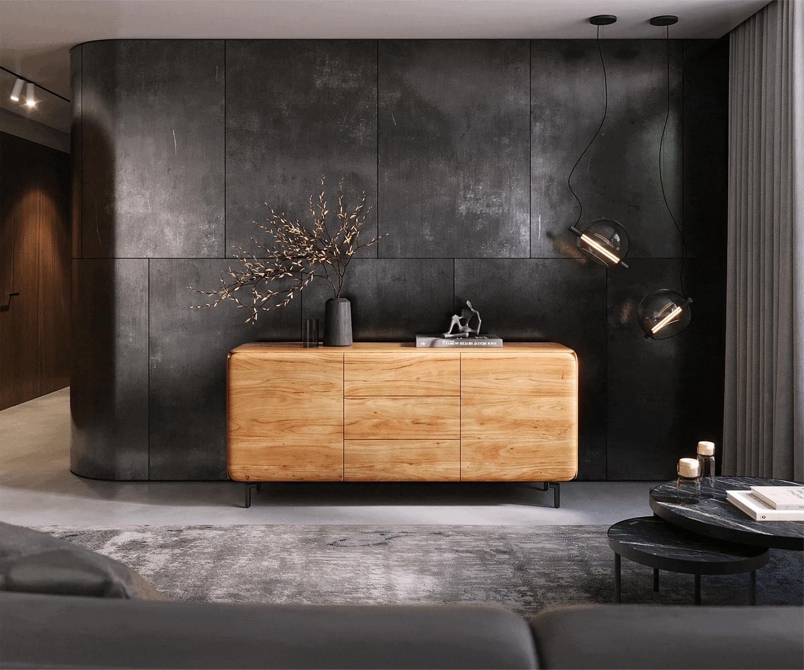 Sideboard Shavani 175 cm Akazie Natur 2 Türen 3 Schubladen Fuß Oval Metall Schwarz 1