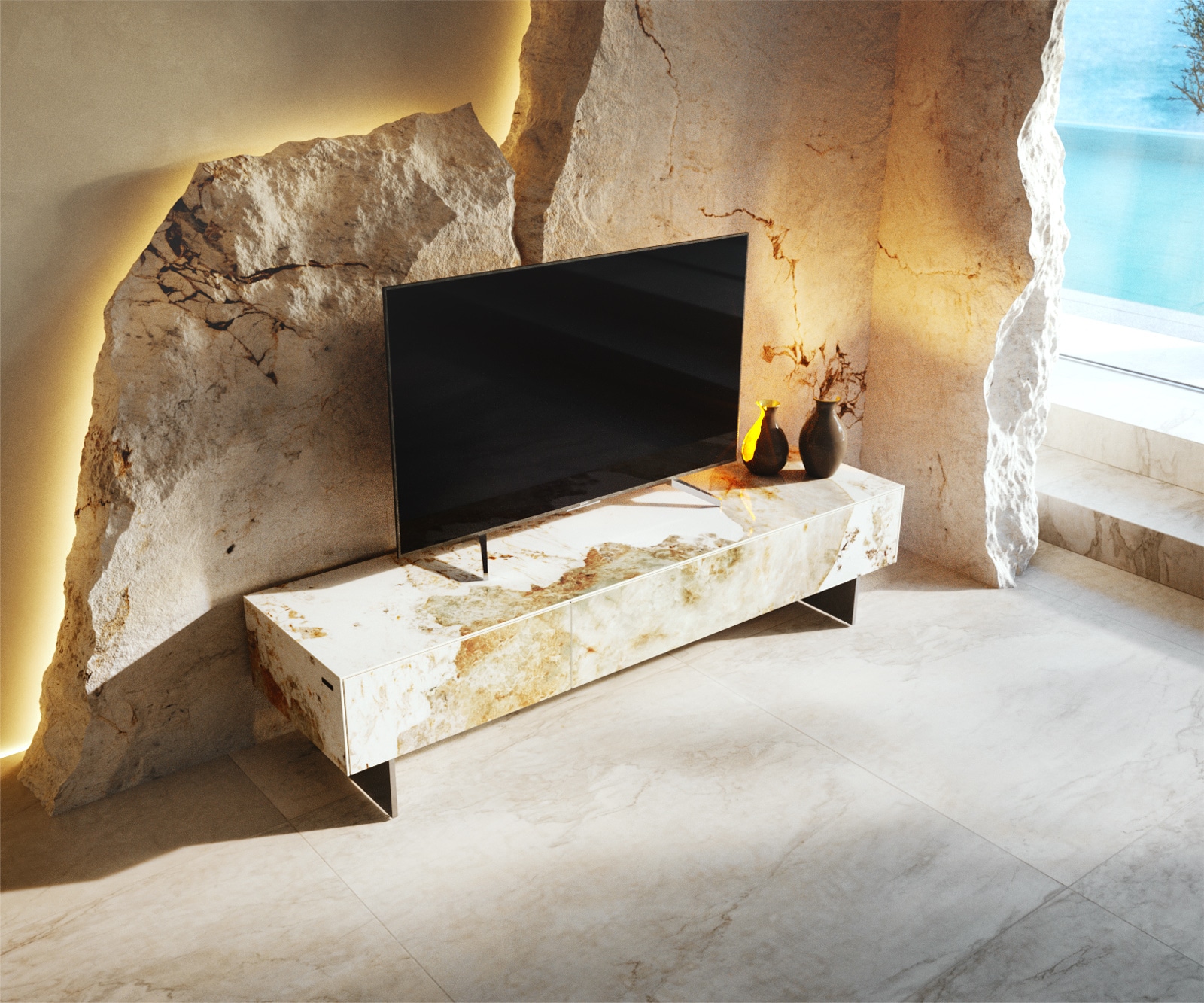 Lowboard Cuor 150 cm Keramik Minas Melange Weiß-Beige 1 Klappe 1 Schubfach Fuß Schwebeoptik Edelstahl 3 Lowboard Cuor 150 cm Keramik Minas Melange Weiß-Beige 1 Klappe 1 Schubfach Fuß Schwebeoptik Edelstahl 3