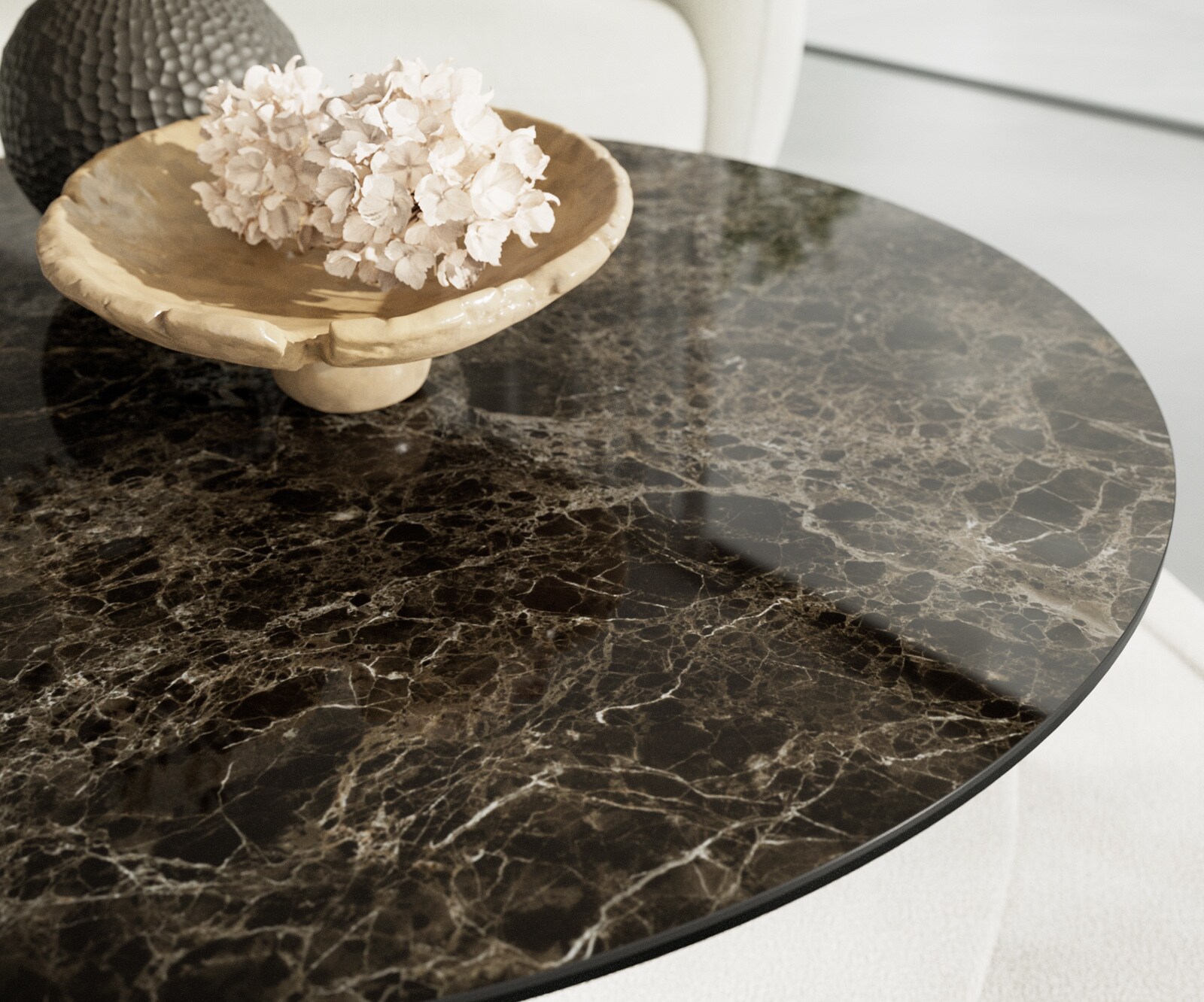 Couchtisch Edge Rund 100x100 cm Keramik Laminam® Emperador Extra Lucidato Dunkelbraun Sarity Edelstahl gebürstet 6