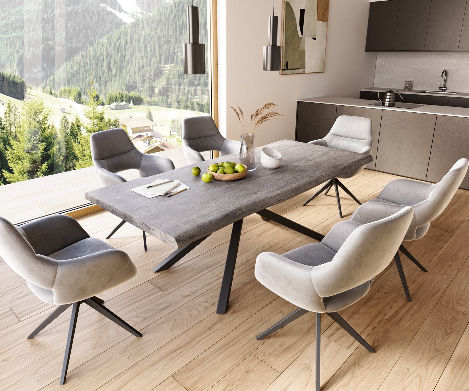 Esstisch Edge 220x100 XL Akazie Platin Kreuzgestell Rechteck Schwarz Live-Edge 7