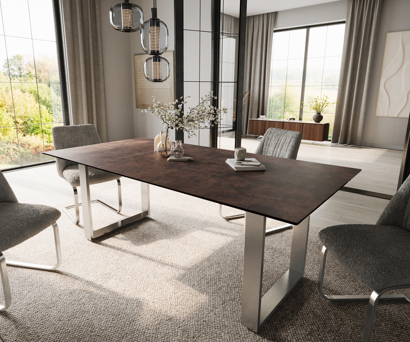 Esstisch Edge 200x100 Glas Antique-braun Edelstahl Schmal Esstisch Edge 200x100 Glas Antique-braun Edelstahl Schmal
