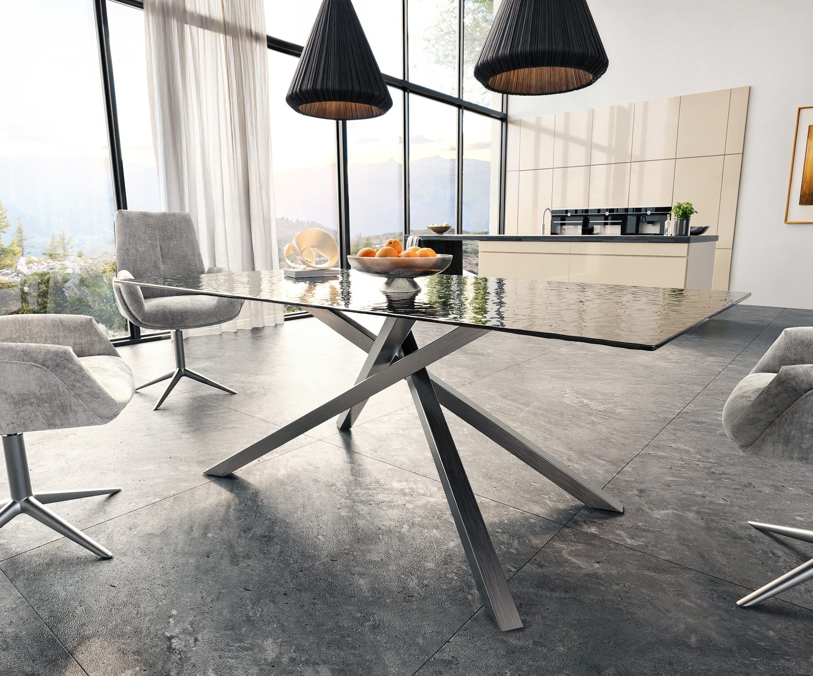 Esstisch Edge 200x100 Reliefglas Rauchschwarz 3D-Design Kreuzgestell Rechteck Edelstahl 3 Esstisch Edge 200x100 Reliefglas Rauchschwarz 3D-Design Kreuzgestell Rechteck Edelstahl 3