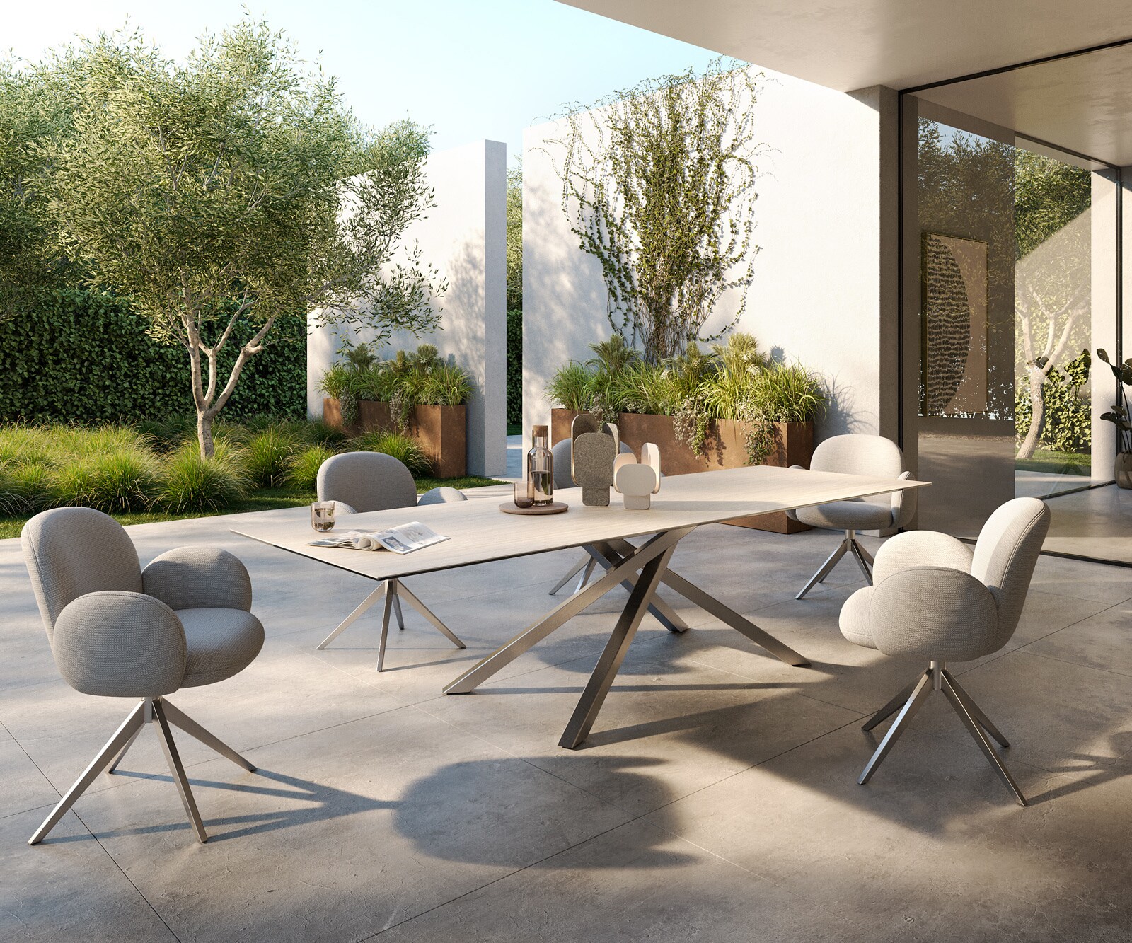 Outdoortisch Edge 300x100 cm Keramik Laminam® Travertino Bianco Creme-Weiß Kreuzgestell Rechteck Edelstahl 5