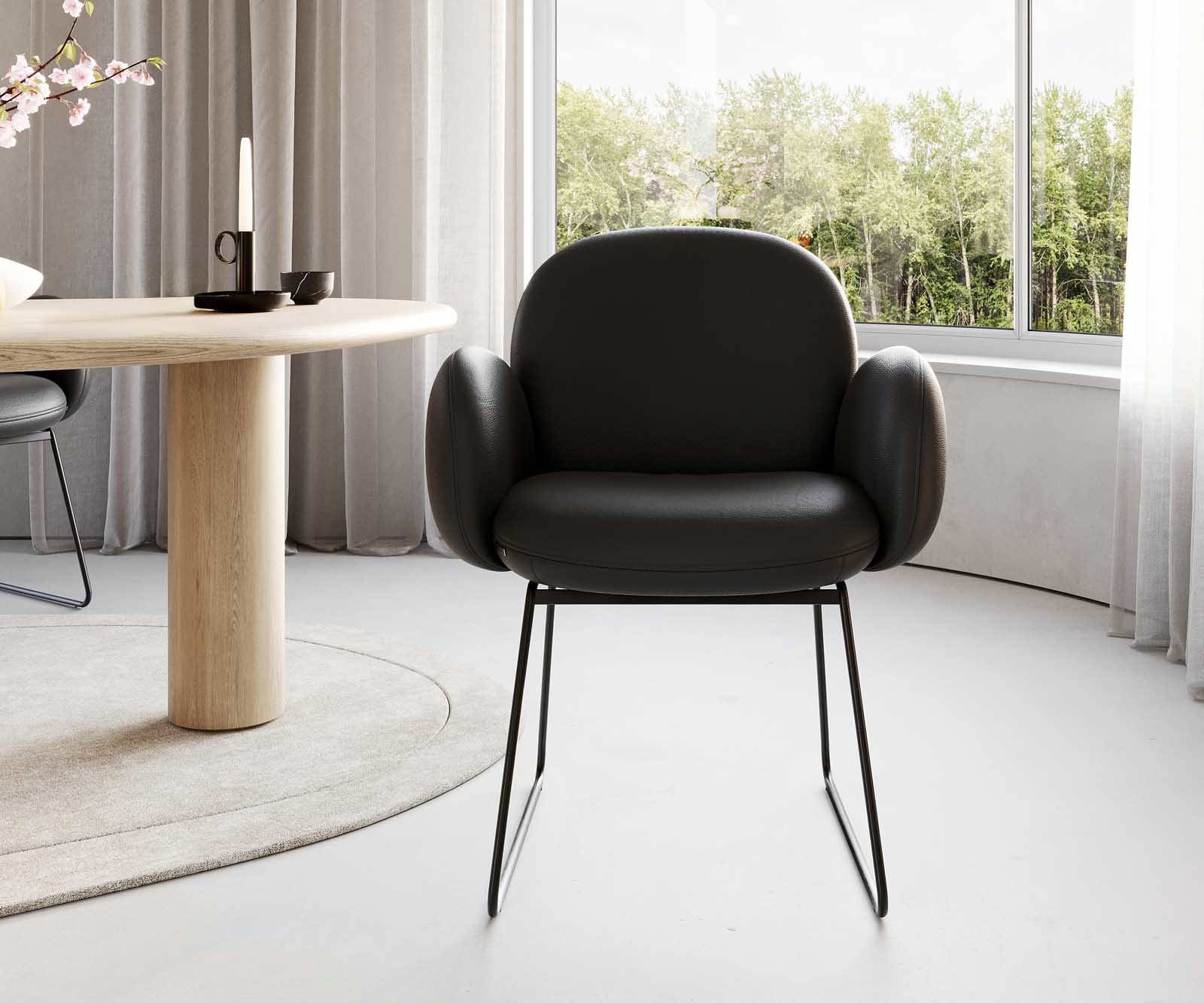 Esszimmerstuhl Nube-Flex mit Armlehnen Echt-Leder Schwarz Kufengestell Schwarz Taschenfederkern 2