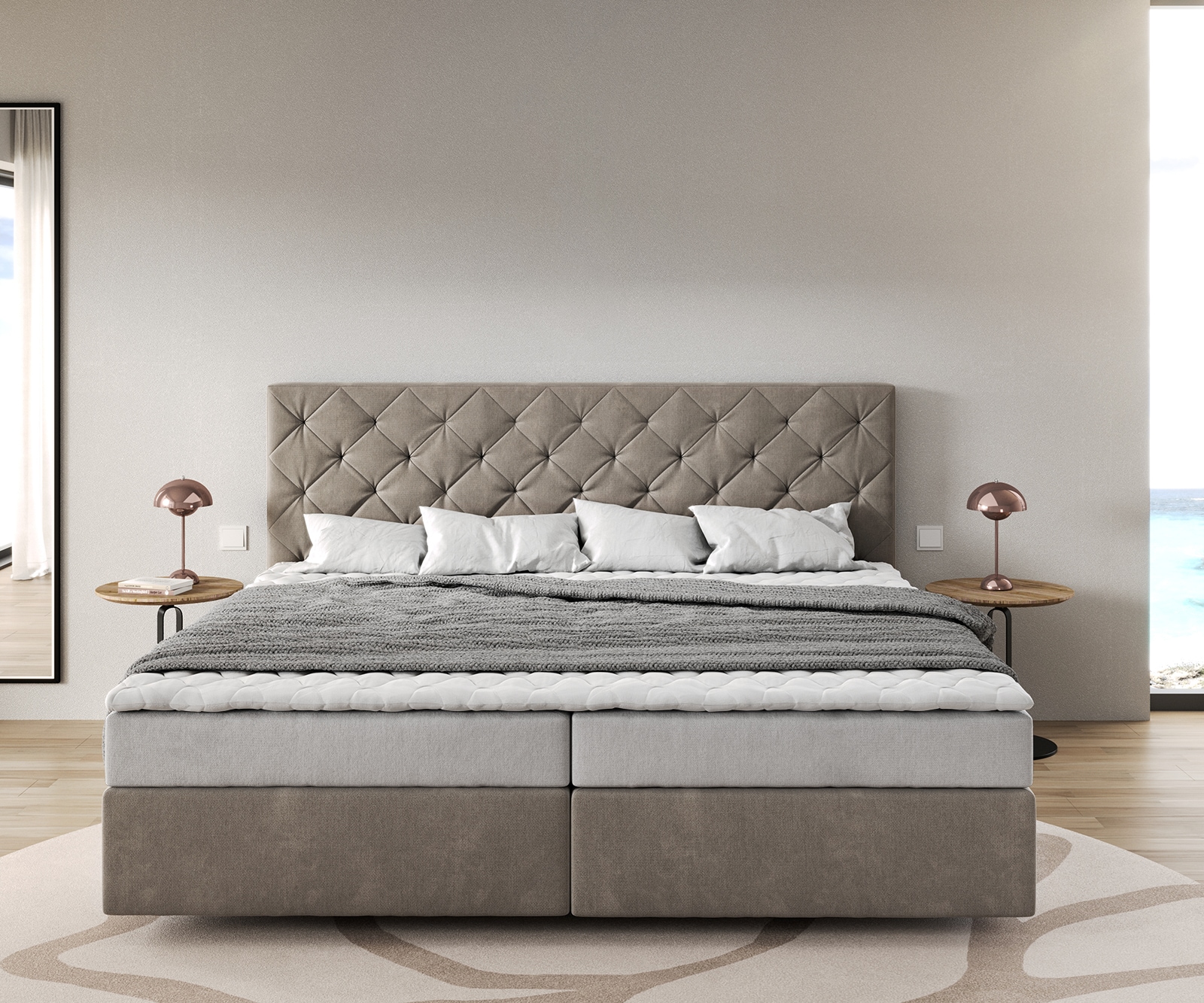 Boxspringbett Dream-Great Mikrofaser Beige 200x200 cm Bonell-Matratze PU-Topper 2
