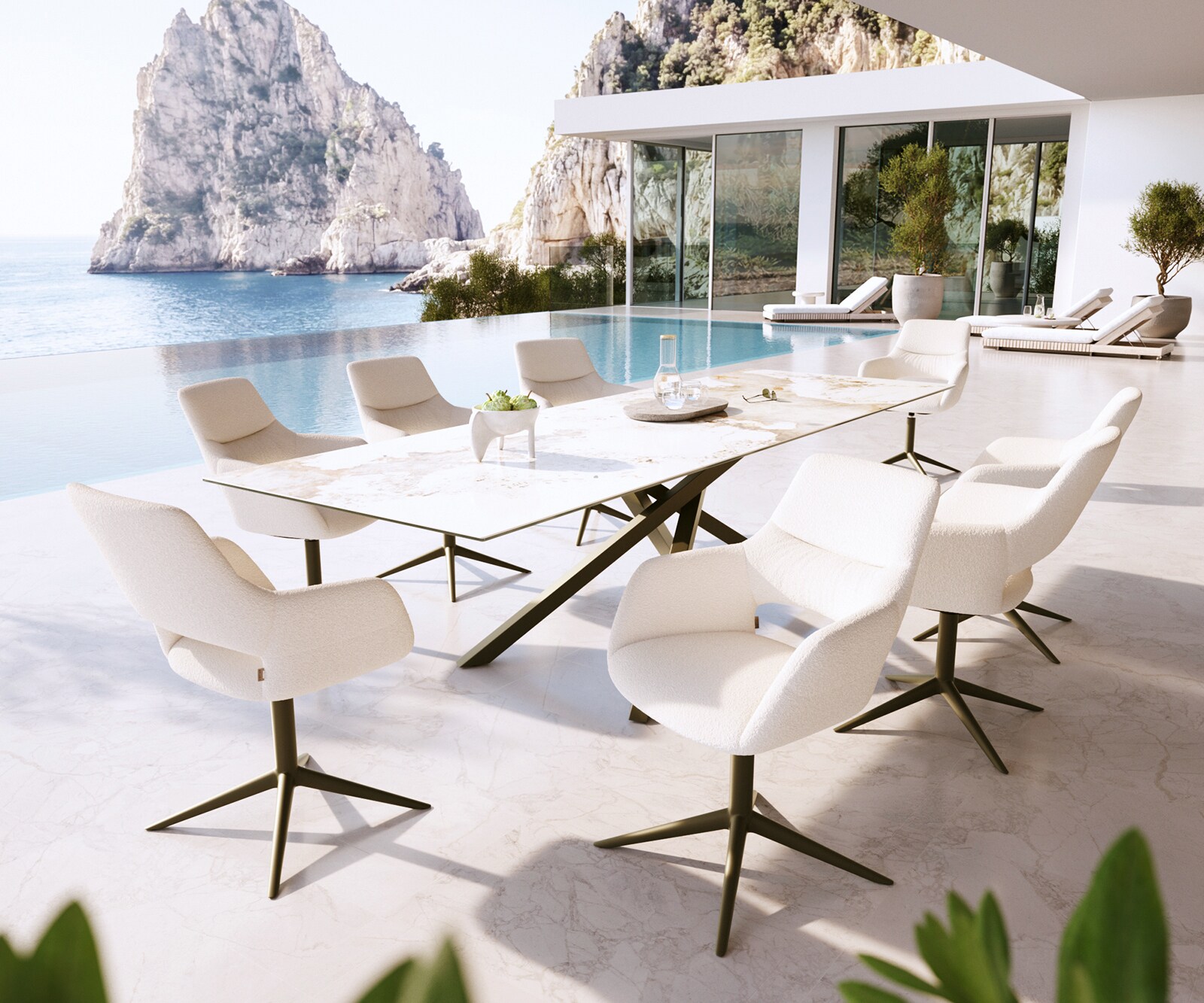 Outdoorstuhl Yago-Flex mit Armlehnen Bouclé Weiß Fußkreuz Effektfinish Titan 360° drehbar Wippfunktion 3