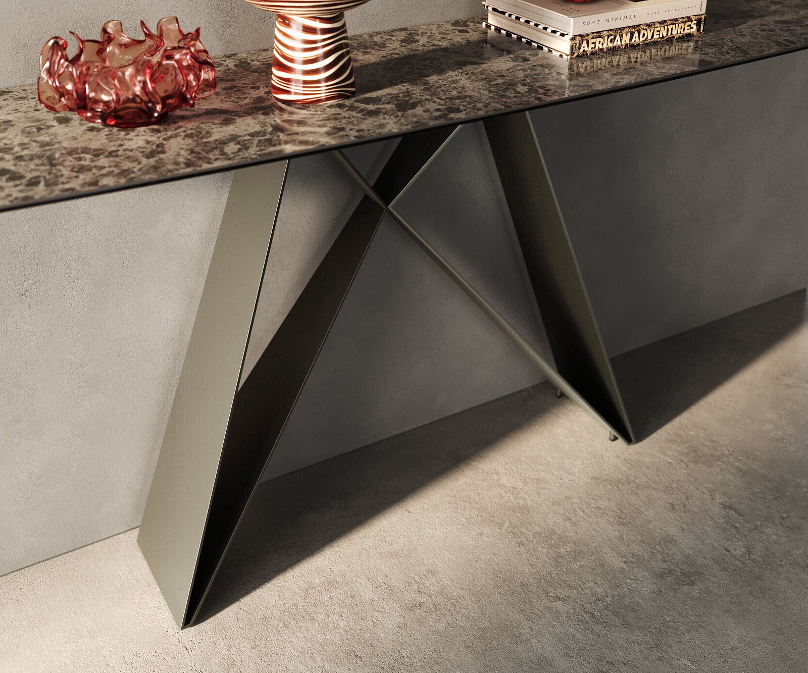 Konsolentisch Edge Boot 180x40 cm Keramik Emperador Extra Lucidato Dunkelbraun Velio Metall Effektfinish Titan 5