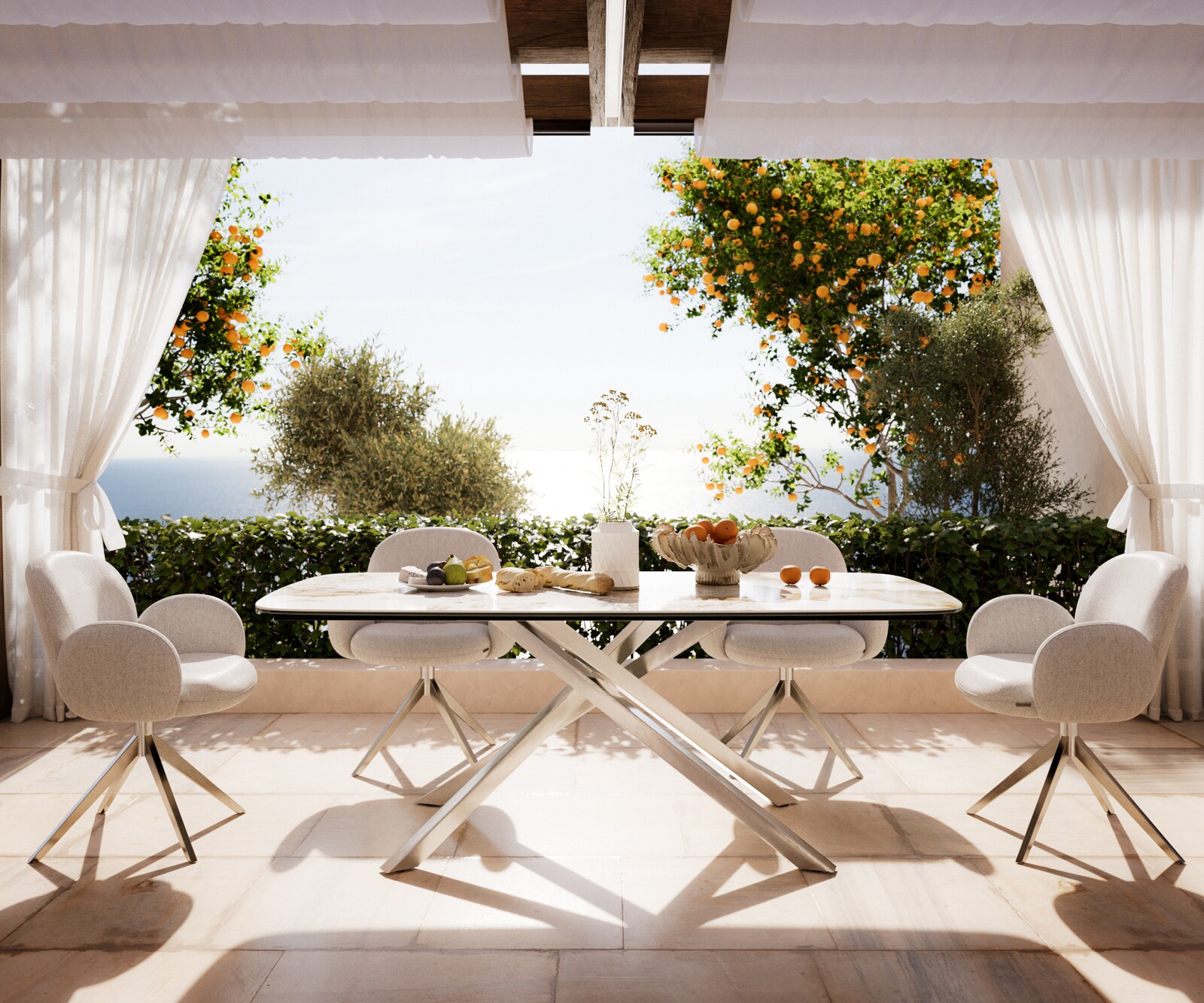 Outdoortisch Edge Boot 200x100 cm Keramik Minas Melange Weiß-Beige Kreuzgestell Rechteck Edelstahl 1