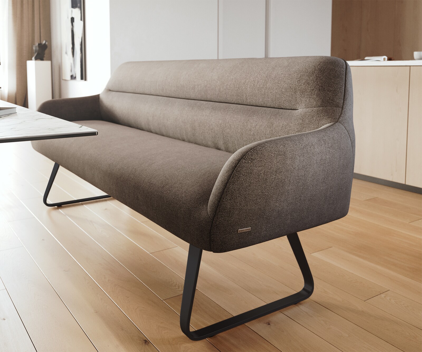 Esszimmerbank Taya-Flex 200 cm Strukturstoff Soft Taupe Kufengestell flach Schwarz Taschenfederkern 4