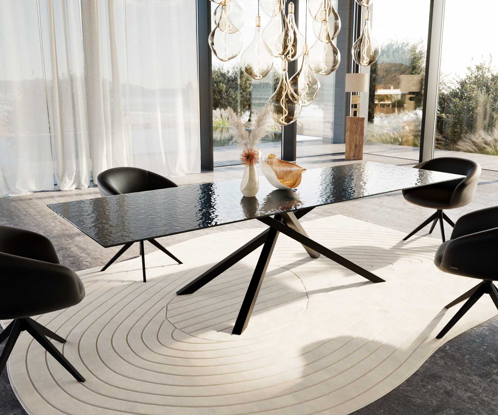 Esstisch Edge 300x100 Reliefglas Rauchschwarz 3D-Design Kreuzgestell Rechteck Schwarz Esstisch Edge 300x100 Reliefglas Rauchschwarz 3D-Design Kreuzgestell Rechteck Schwarz