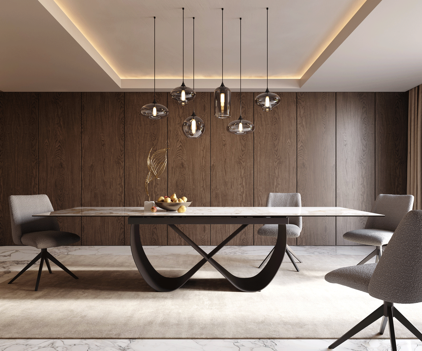 Esstisch Edge 200-300x100 cm Keramik Minas Melange Weiß-Beige Infinity Metall Schwarz ausziehbar 1