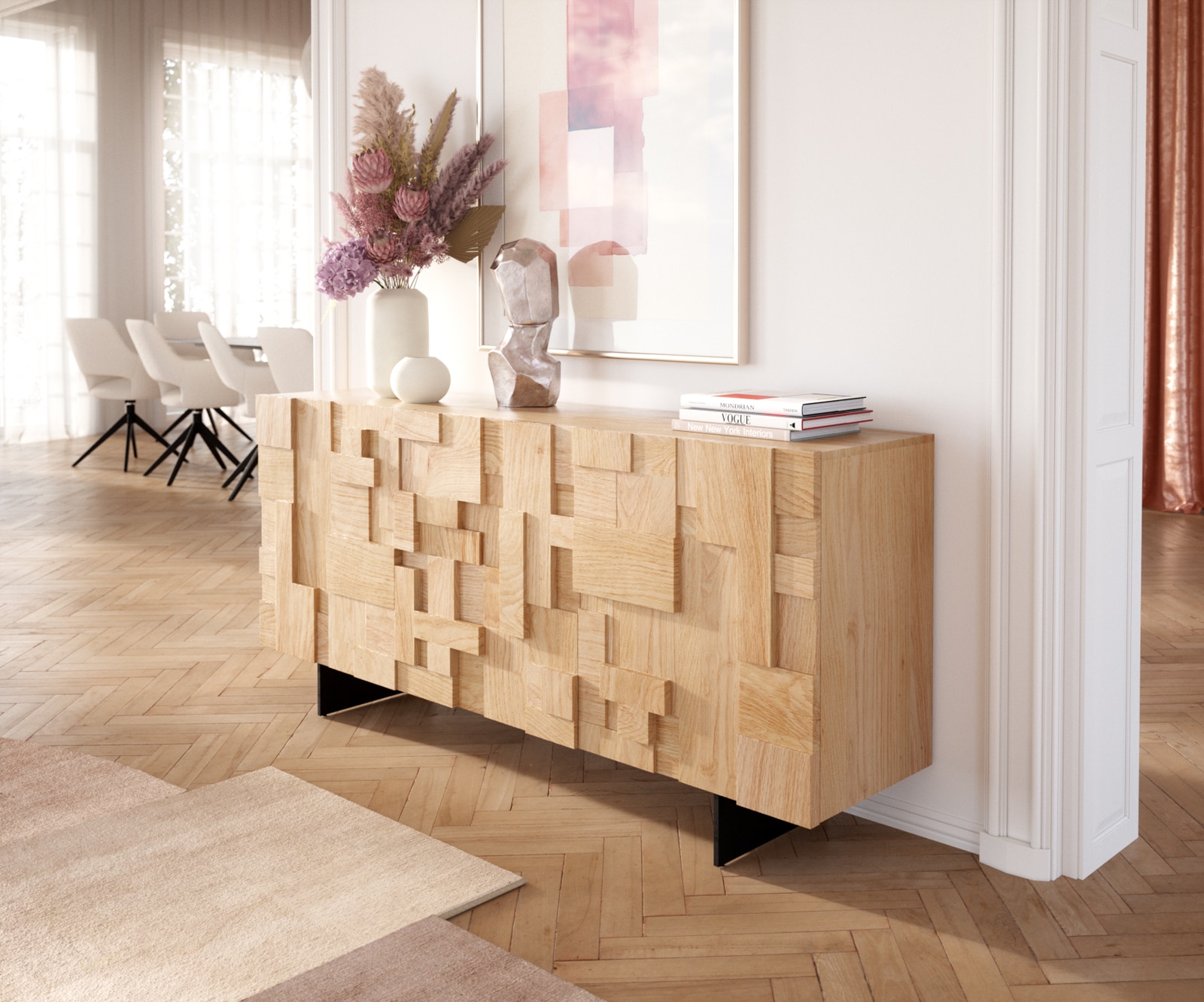 Sideboard Puzzle 175 cm Eiche Natur 3 Türen Fuß schwebend Metall Schwarz 4