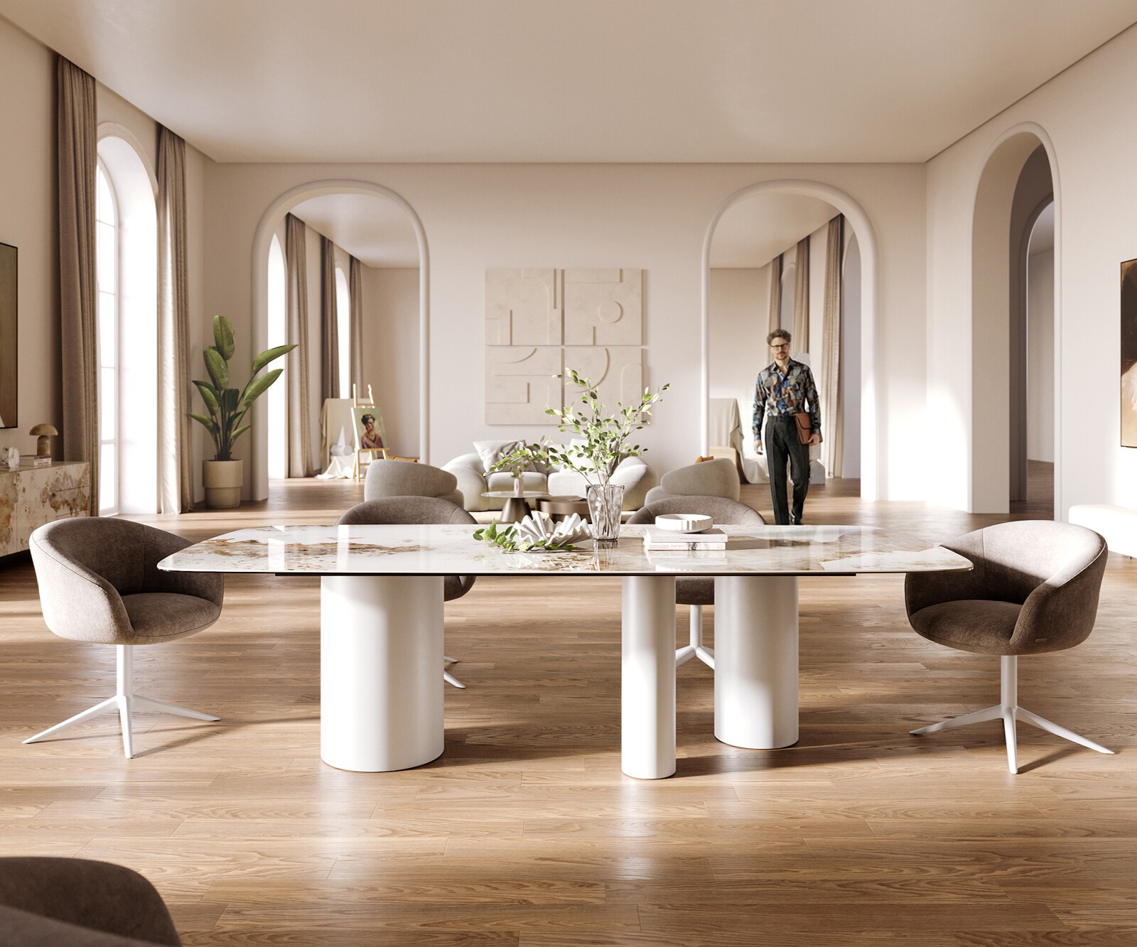 Esstisch Edge Boot 260x120 cm Keramik Minas Melange Weiß-Beige Troa Metall Weiß 2