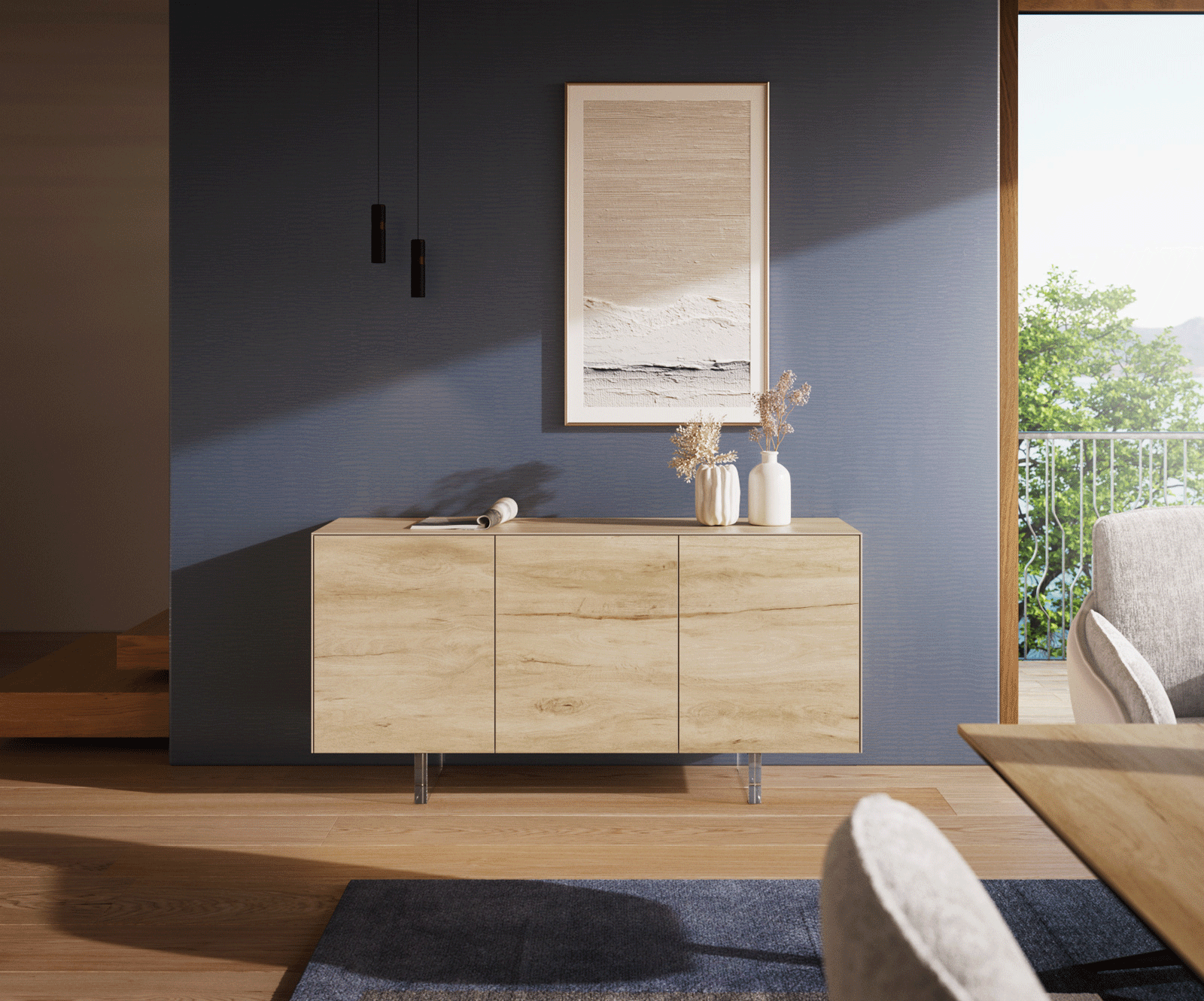 Sideboard Cuor 150 cm Keramik Laminam® Sabbia Eichefarbig 3 Türen Fuß Schwebeoptik Acrylglas 1