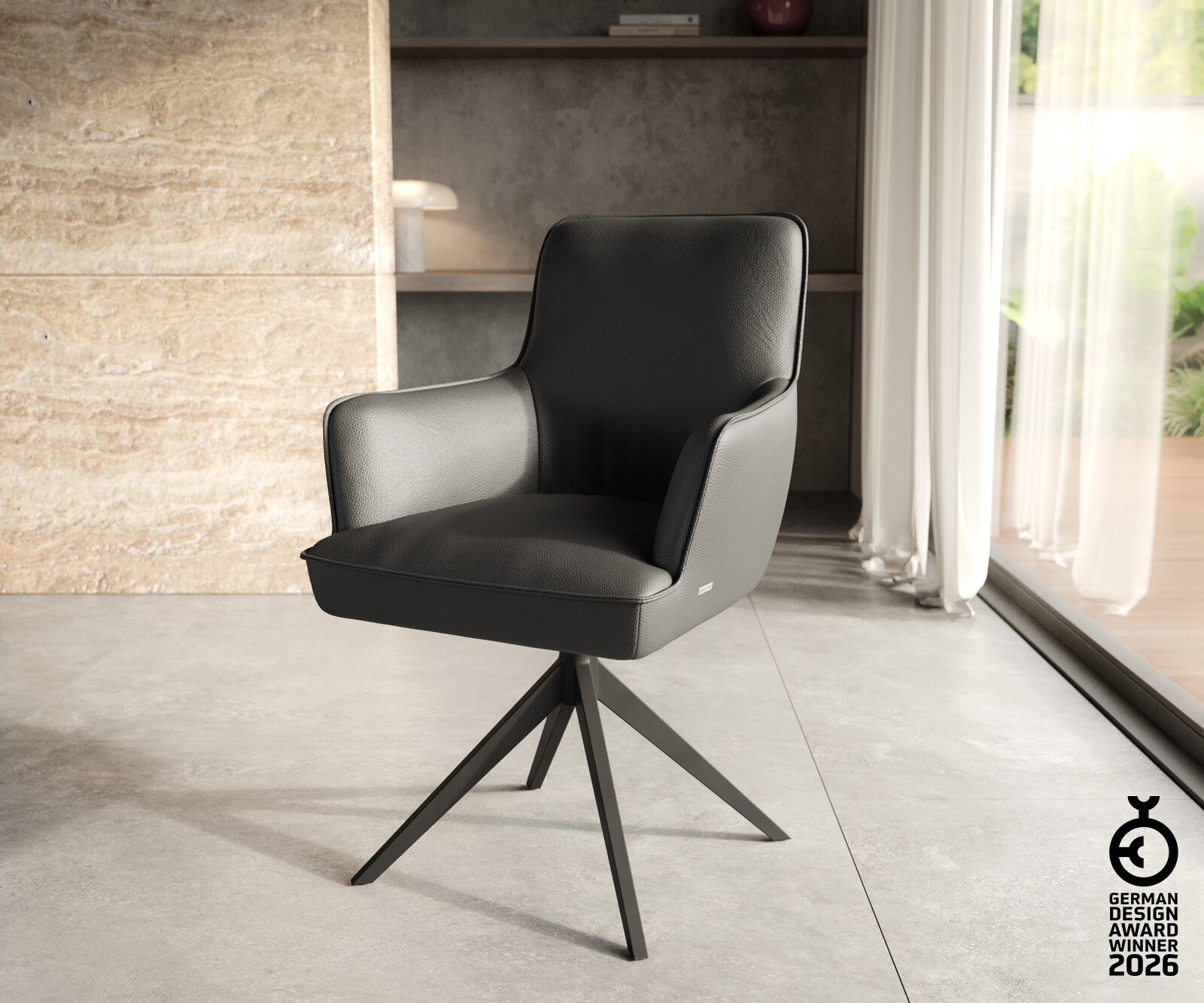 Drehstuhl Heira-Flex mit Armlehnen Echt-Leder Schwarz Kreuzgestell breit Schwarz 360° drehbar Taschenfederkern 1