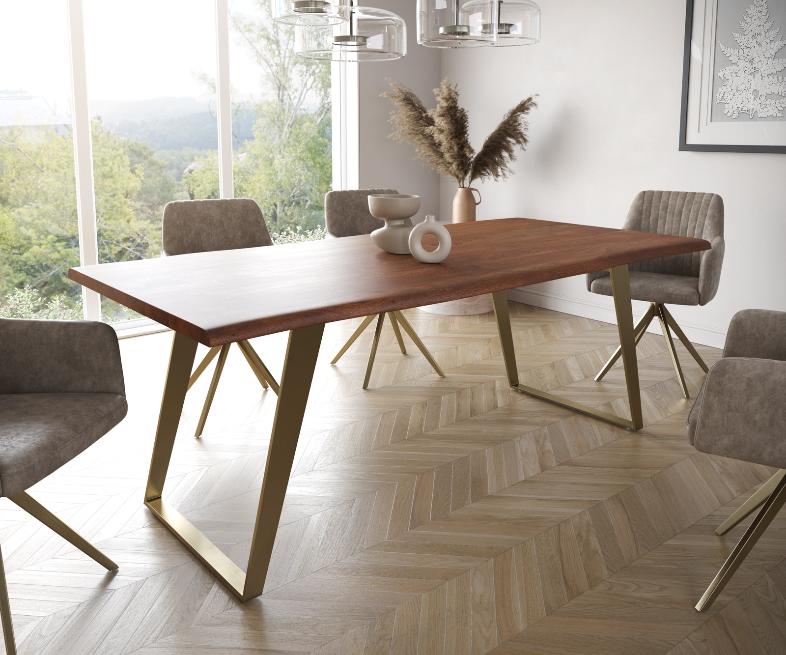 Esstisch Edge 200x100 Akazie Braun Edelstahl Gold Schräg Live-Edge 1