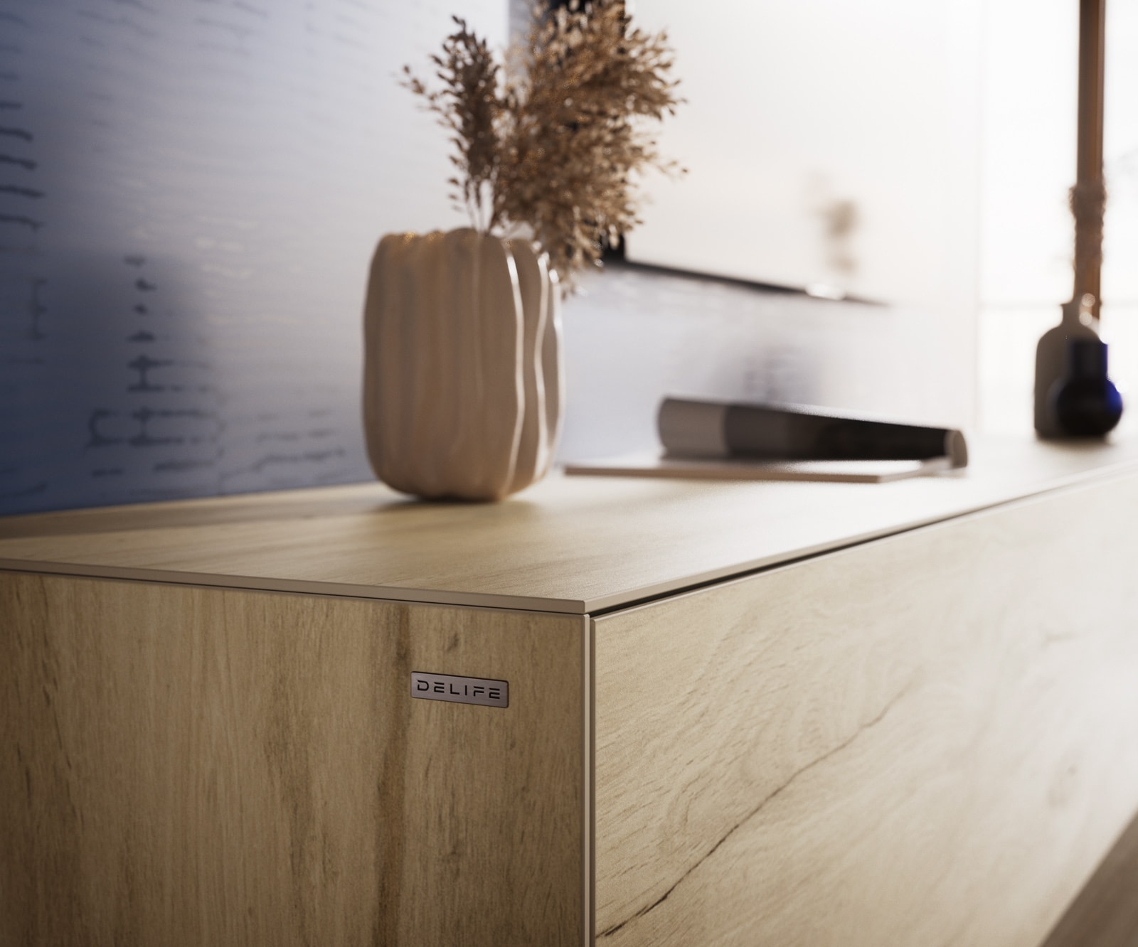 Lowboard Cuor 180 cm Keramik Laminam® Sabbia Eichefarbig 1 Klappe 2 Schubfächer Fuß Schwebeoptik Acrylglas 7