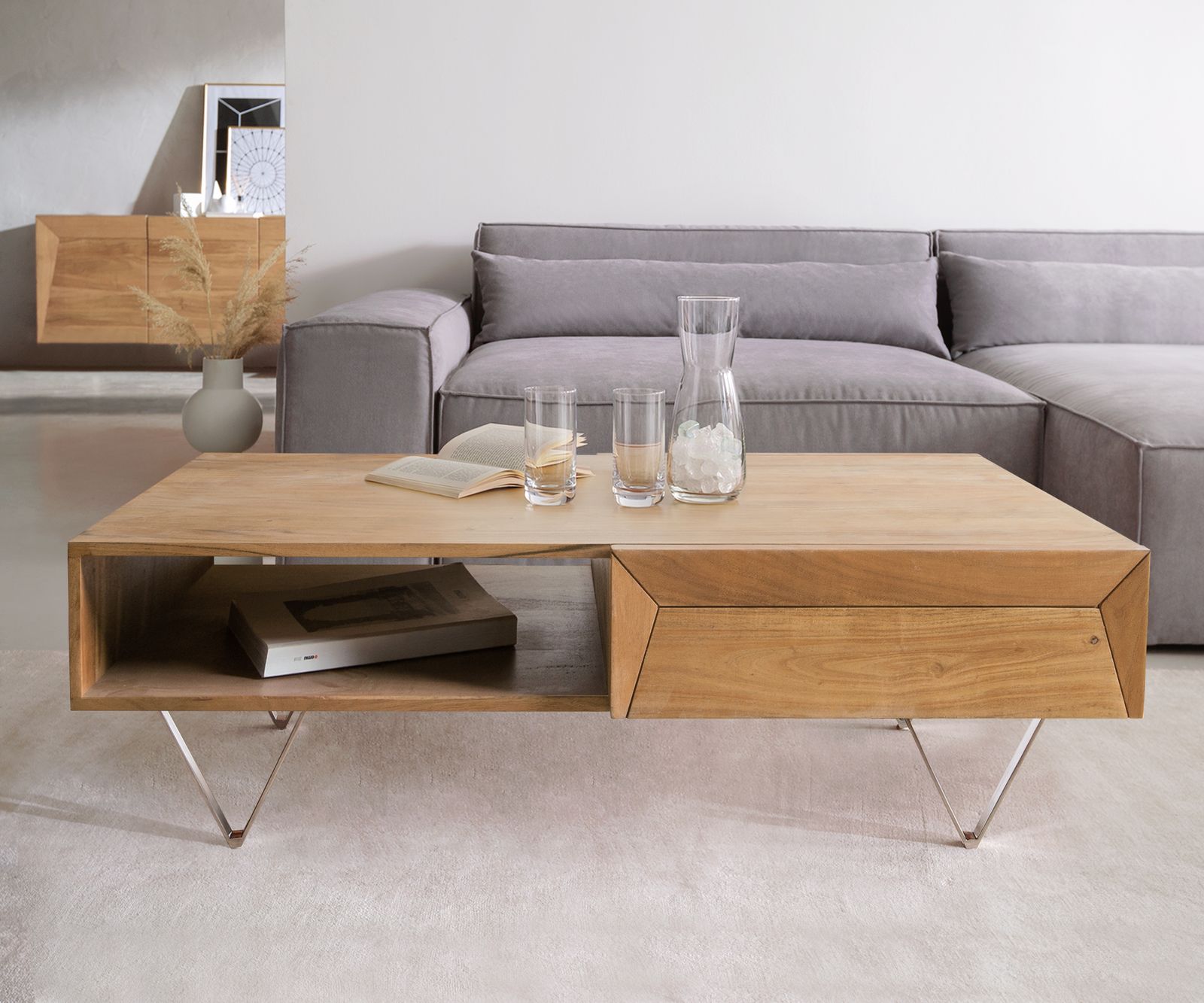 Couchtisch Kayu 115x60 cm Akazie Natur 2 Schübe V-Fuß Edelstahl 1