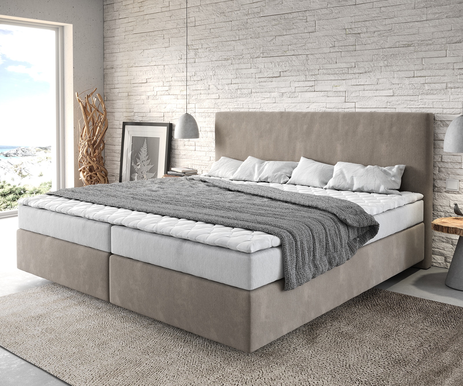 Boxspringbett Dream-Well Mikrofaser Beige 200x200 cm Bonell-Matratze PU-Topper Boxspringbett Dream-Well Mikrofaser Beige 200x200 cm Bonell-Matratze PU-Topper