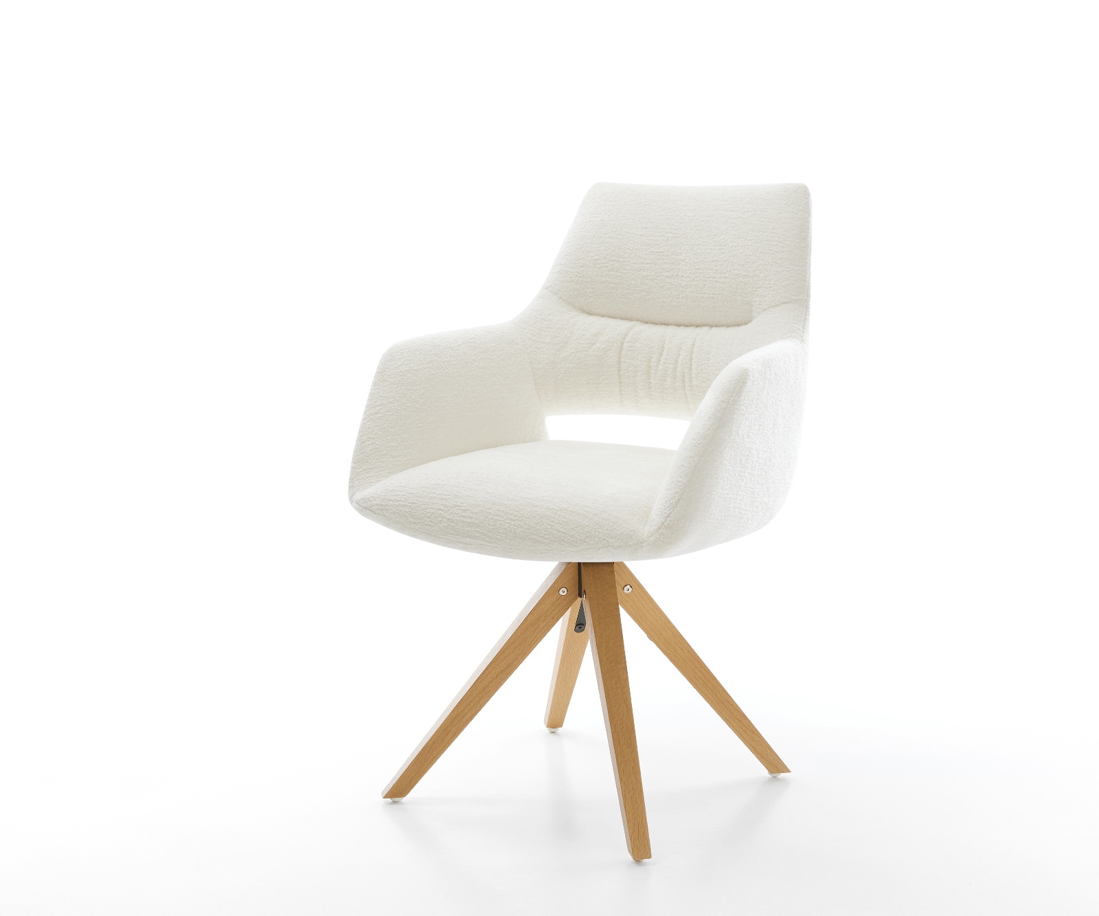 Drehstuhl Yago-Flex mit Armlehnen Bouclé Soft Beige Holzgestell kantig Natur 360° drehbar Taschenfederkern