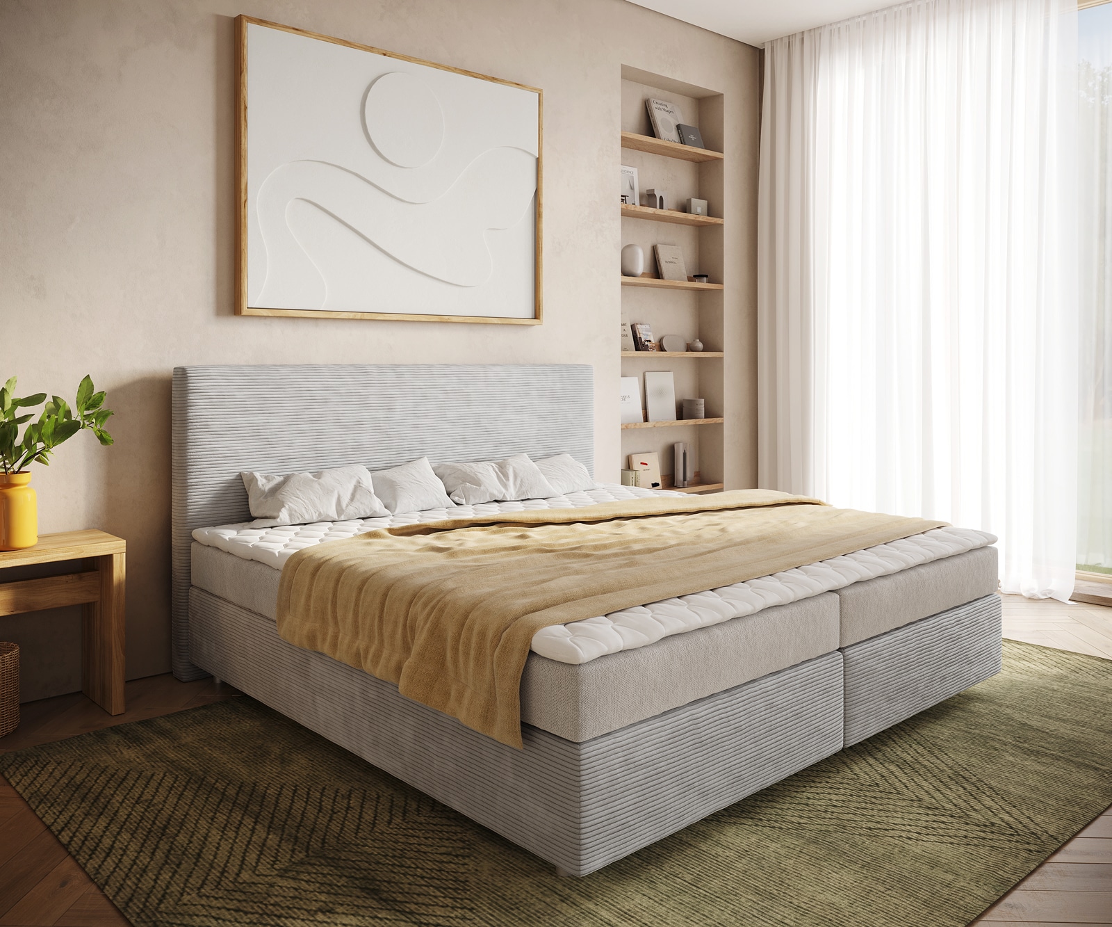 Boxspringbett Dream-Well Cord Silbergrau 200x200 cm Bonell-Matratze PU-Topper 1