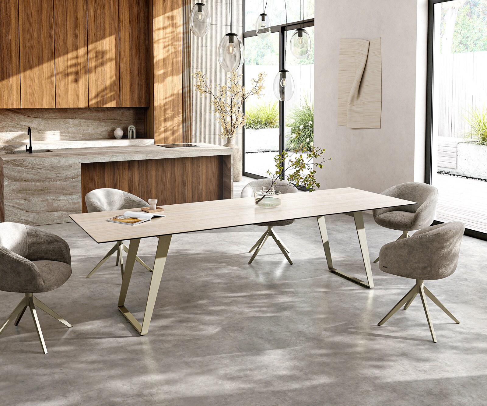 Esstisch Edge 300x100 cm Keramik Laminam® Travertino Bianco Creme-Weiß Metall Schräg Effektfinish Titan 6