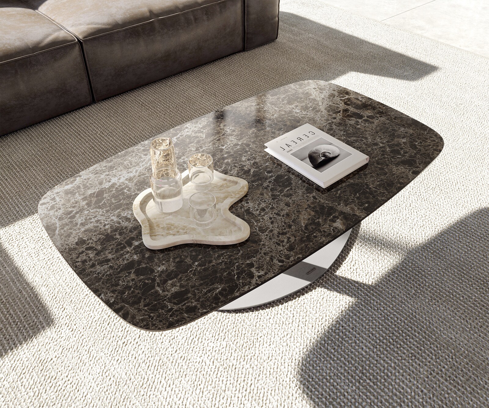 Couchtisch Edge Boot 120x70 cm Keramik Emperador Extra Lucidato Dunkelbraun Vibany Edelstahl gebürstet 3