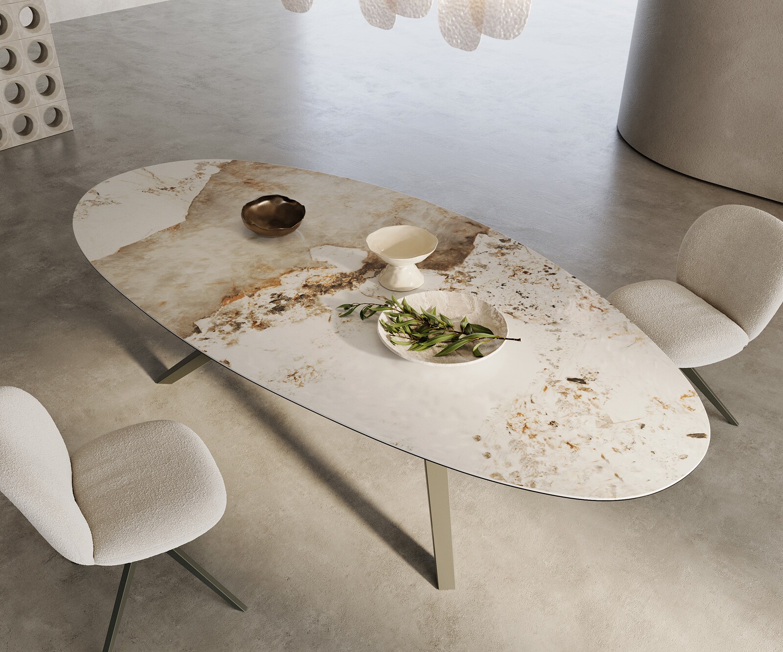 Esstisch Edge Oval 280x130 Keramik Minas Melange Weiß-Beige Zenthara kantig Metall Effektfinish Titan 2