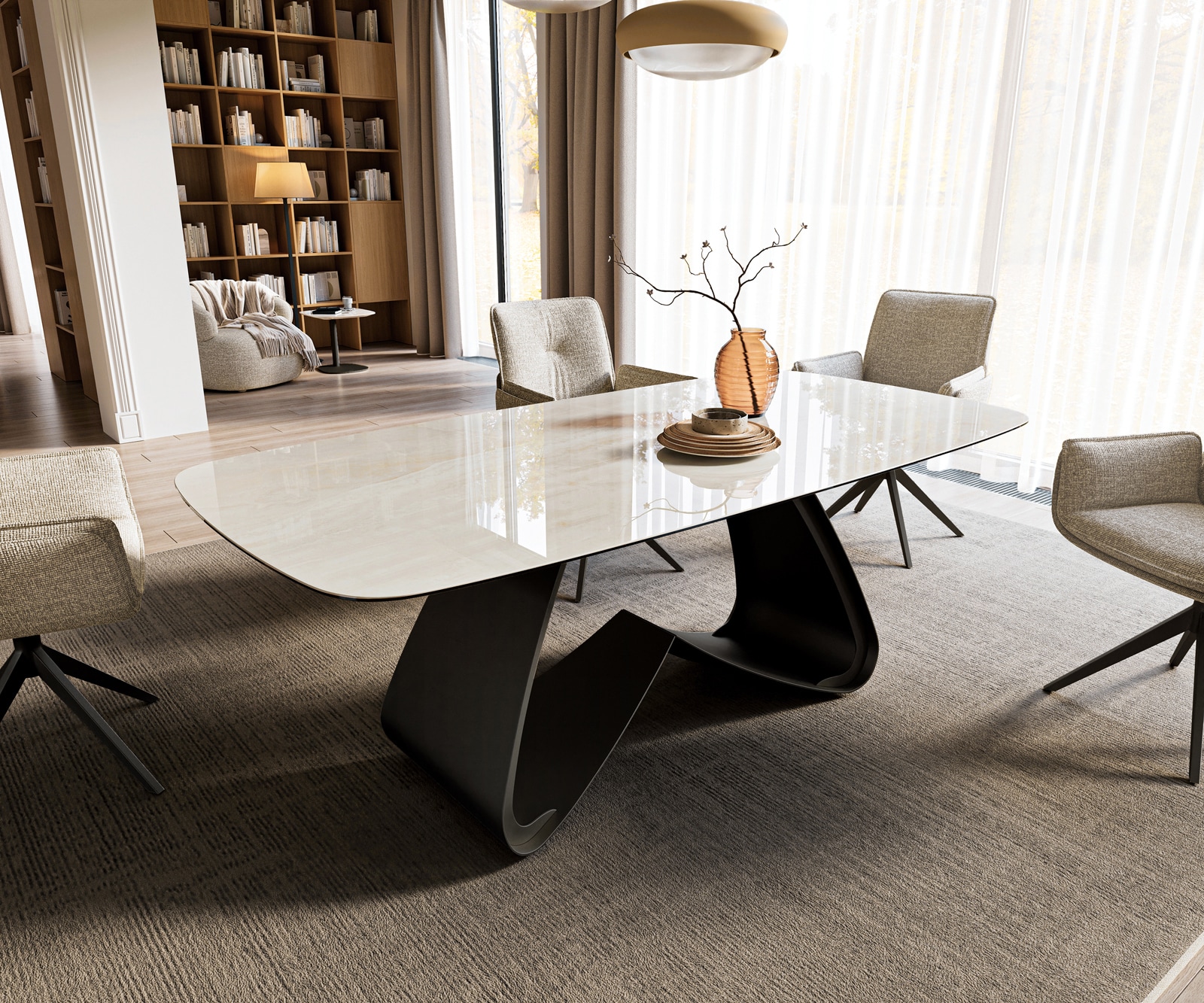 Esstisch Edge Boot 200x100 cm Keramik Onyx Champagne W-Gestell Metall Schwarz 1