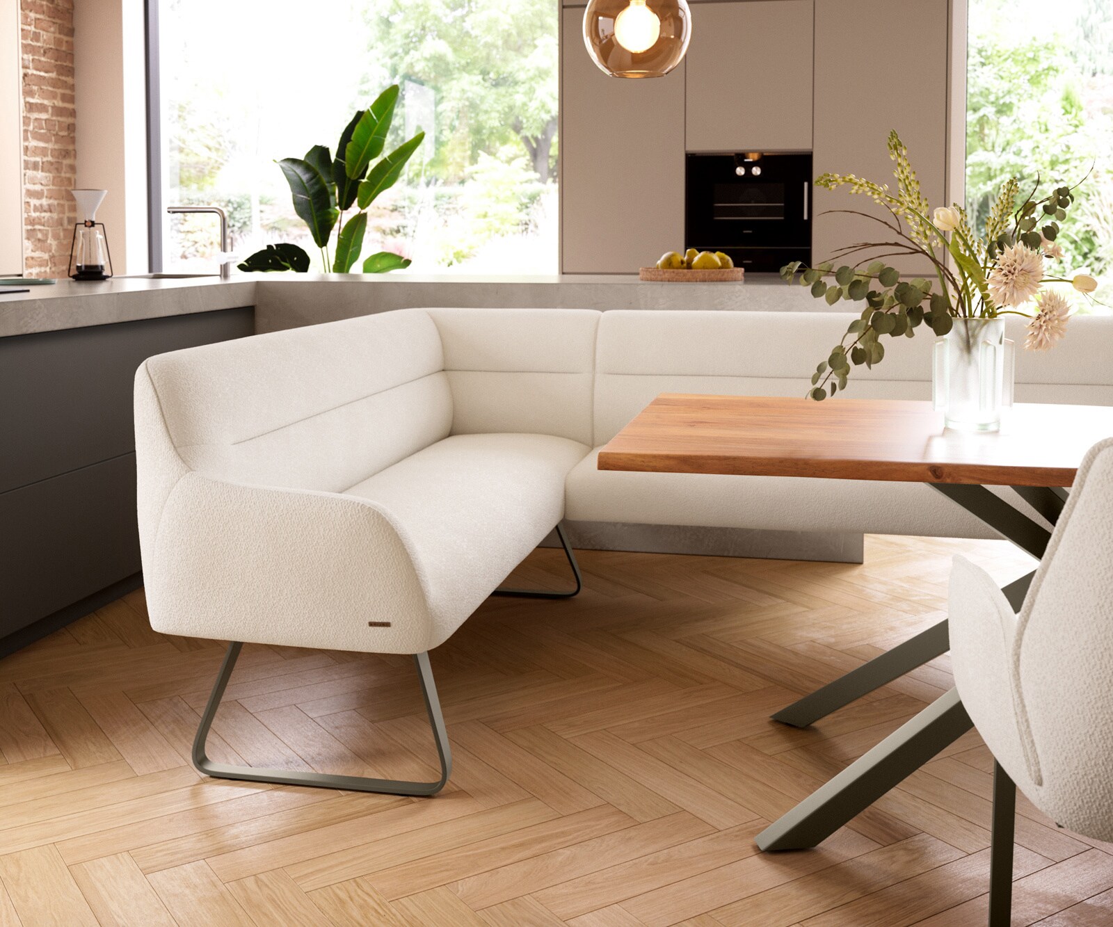 Esszimmerbank Taya-Flex 285x190 cm Bouclé Creme-Weiß Kufengestell flach Effektfinish Titan Taschenfederkern Rechts 5