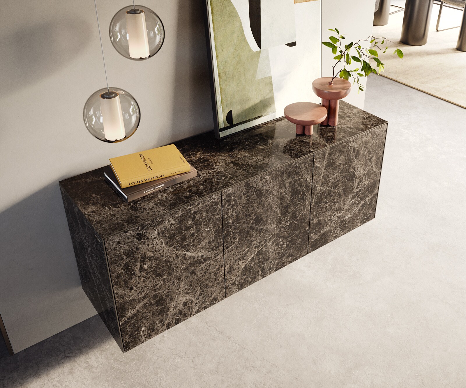 Sideboard Cuor 150 cm Keramik Laminam® Emperador Extra Lucidato Dunkelbraun 3 Türen Schwebend 3
