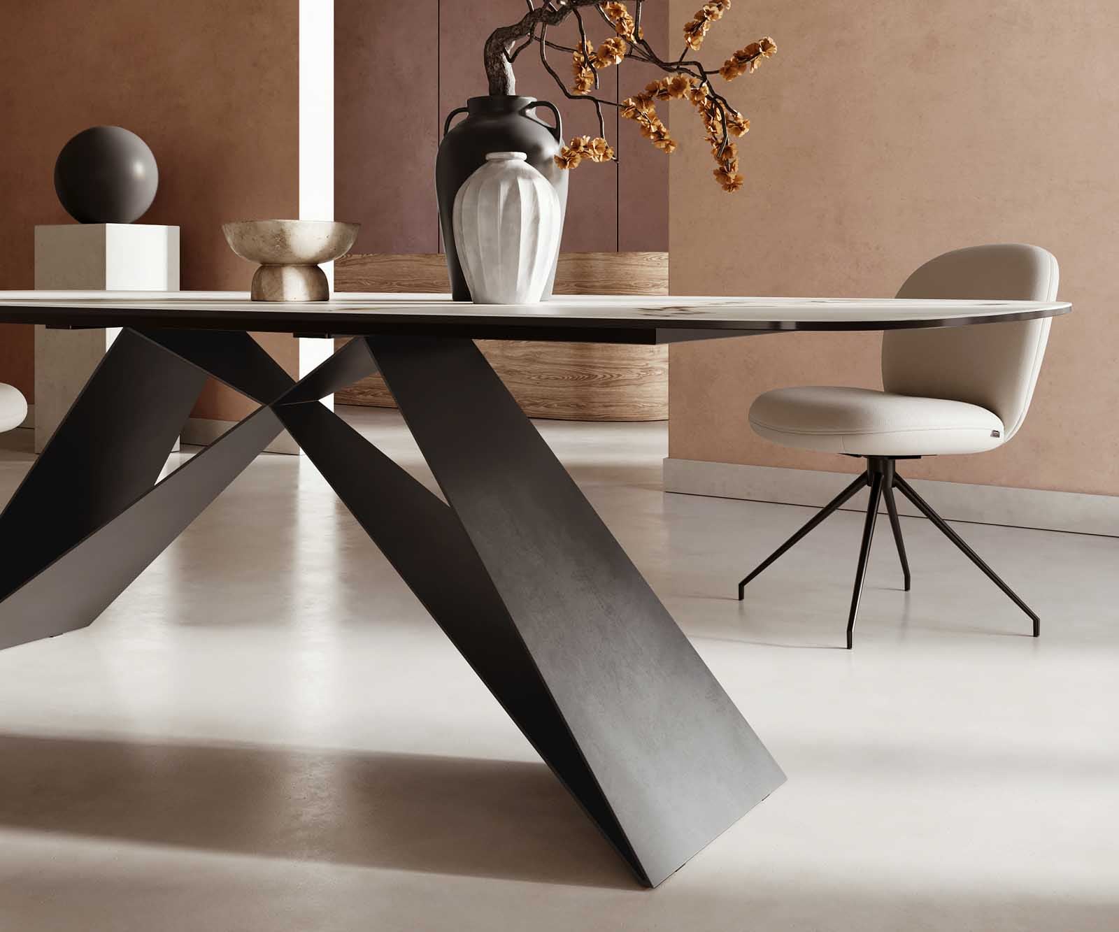 Esstisch Edge Boot 240x120 Keramik Calacatta Luxe Weiß-Gold-Grau V-Gestell Flachstahl Schwarz 6
