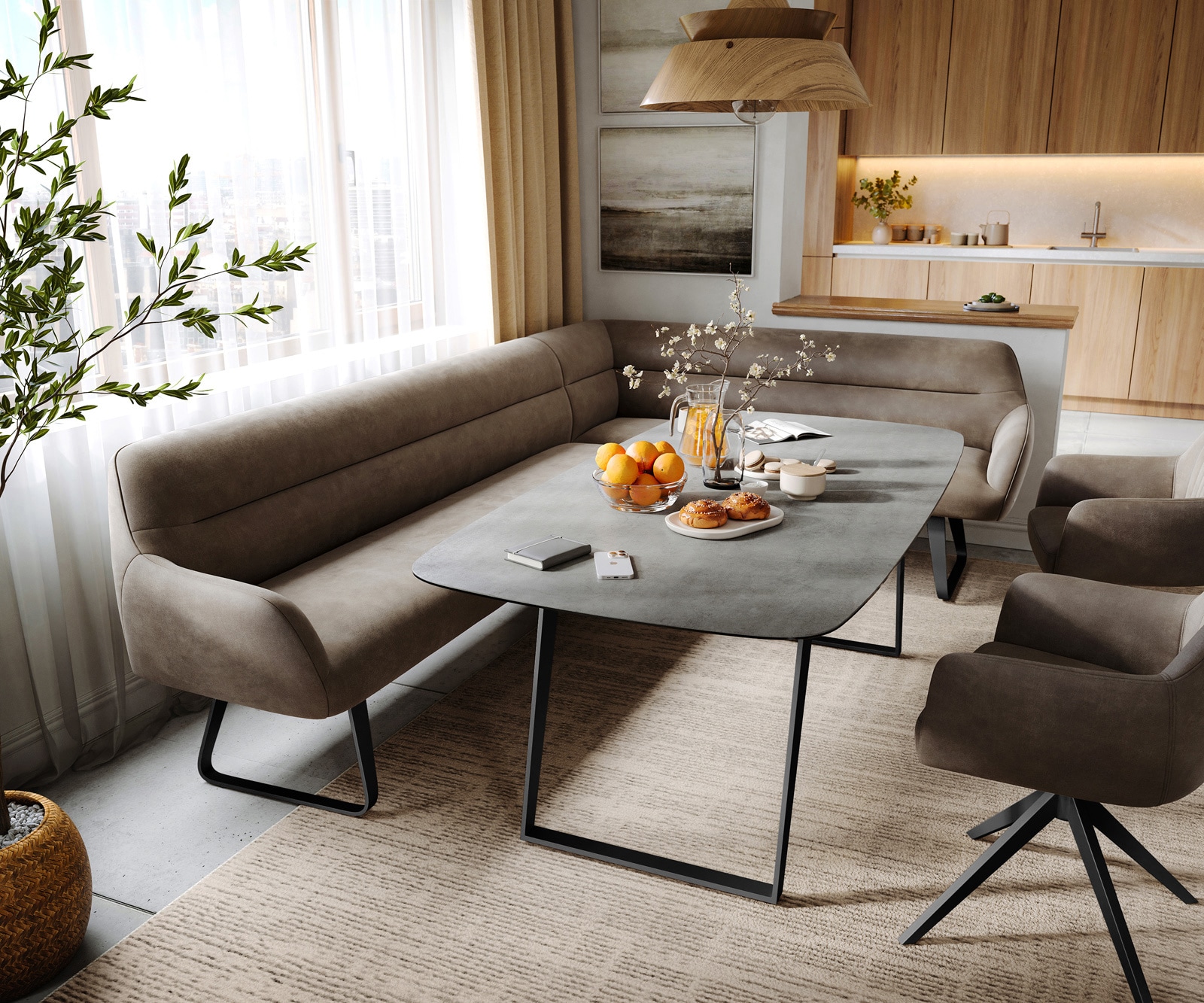 Esszimmerbank Taya-Flex 285x190 cm Mikrofaser Taupe Vintage Kufengestell flach Schwarz Taschenfederkern Rechts