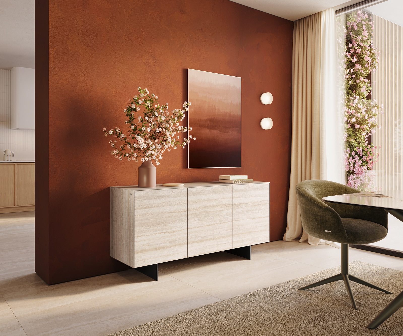 Sideboard Cuor 150 cm Keramik Laminam® Travertino Bianco Creme-Weiß 3 Türen Fuß Schwebeoptik Metall Schwarz 1