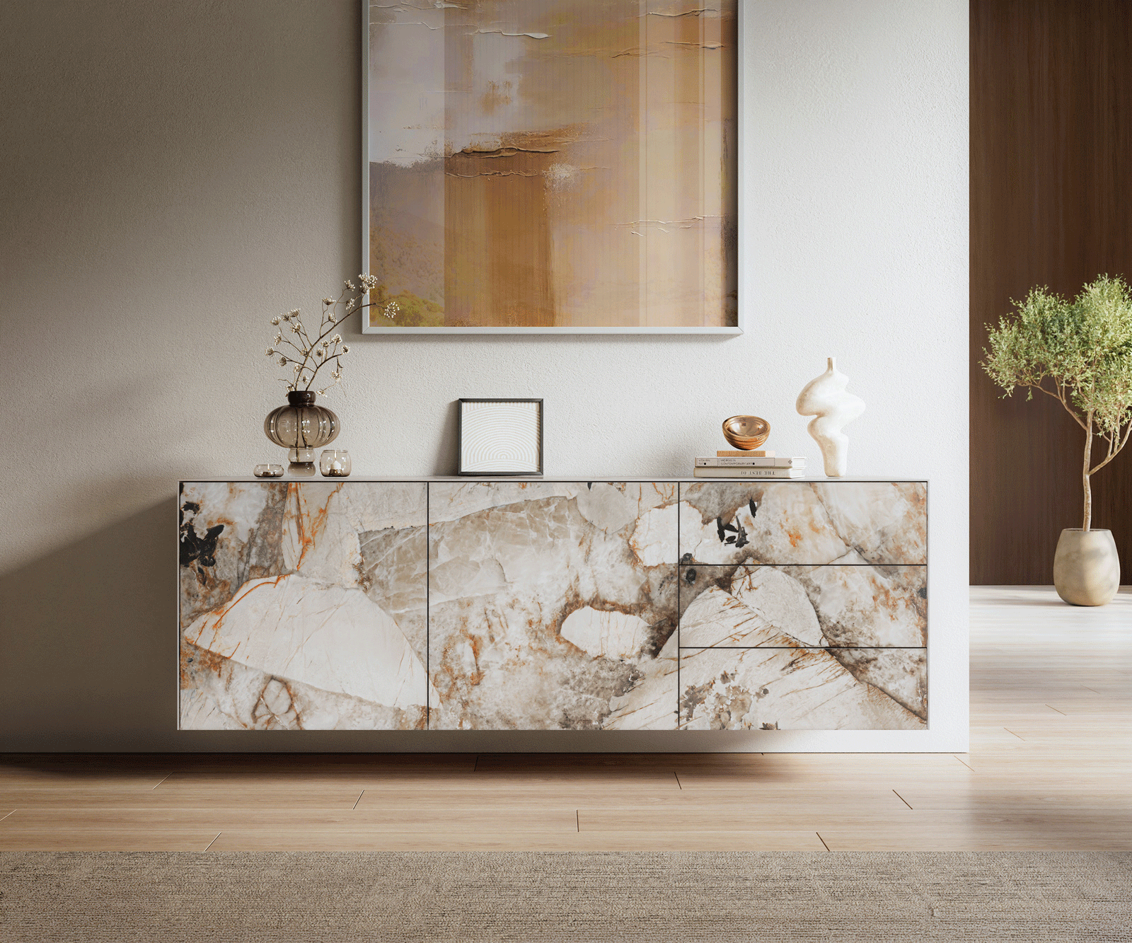 Sideboard Cuor 180 cm Keramik Patagonia Poliert 2 Türen 3 Schubfächer Schwebend 2