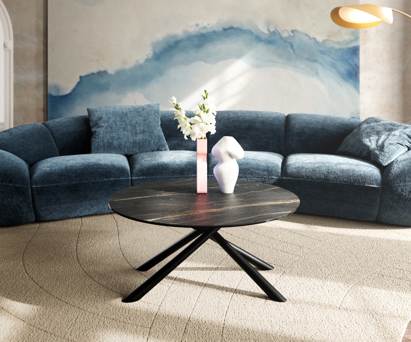 Couchtisch Edge Rund 90x90 cm Keramik Laminam® Noir Desir Braun Sarity Metall Schwarz 1
