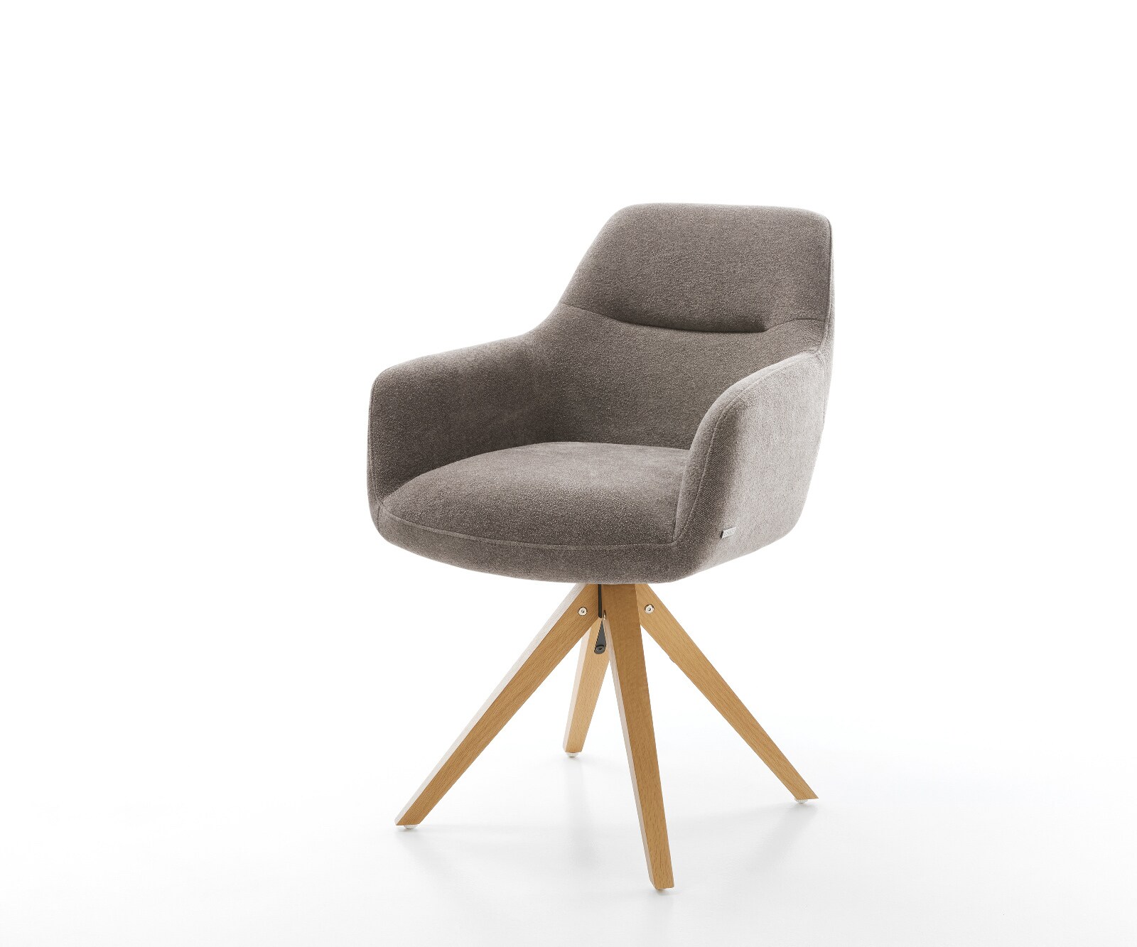 Chaise-pivotante Pejo-Flex tissu structuré doux taupe pied en bois angulaire naturel pivotement sur 180° ressorts ensachés