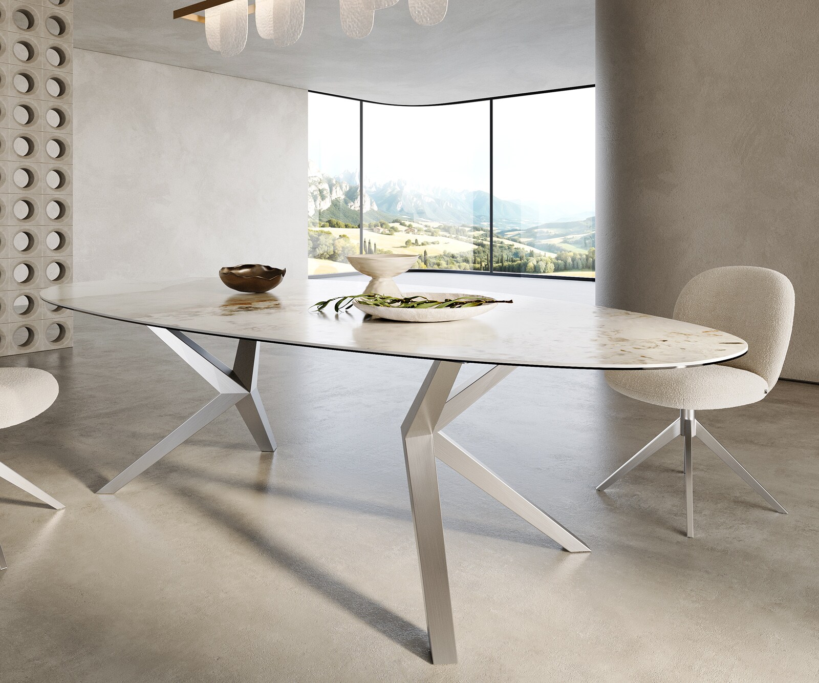 Esstisch Edge Oval 280x130 Keramik Minas Melange Weiß-Beige Zenthara kantig Edelstahl 5