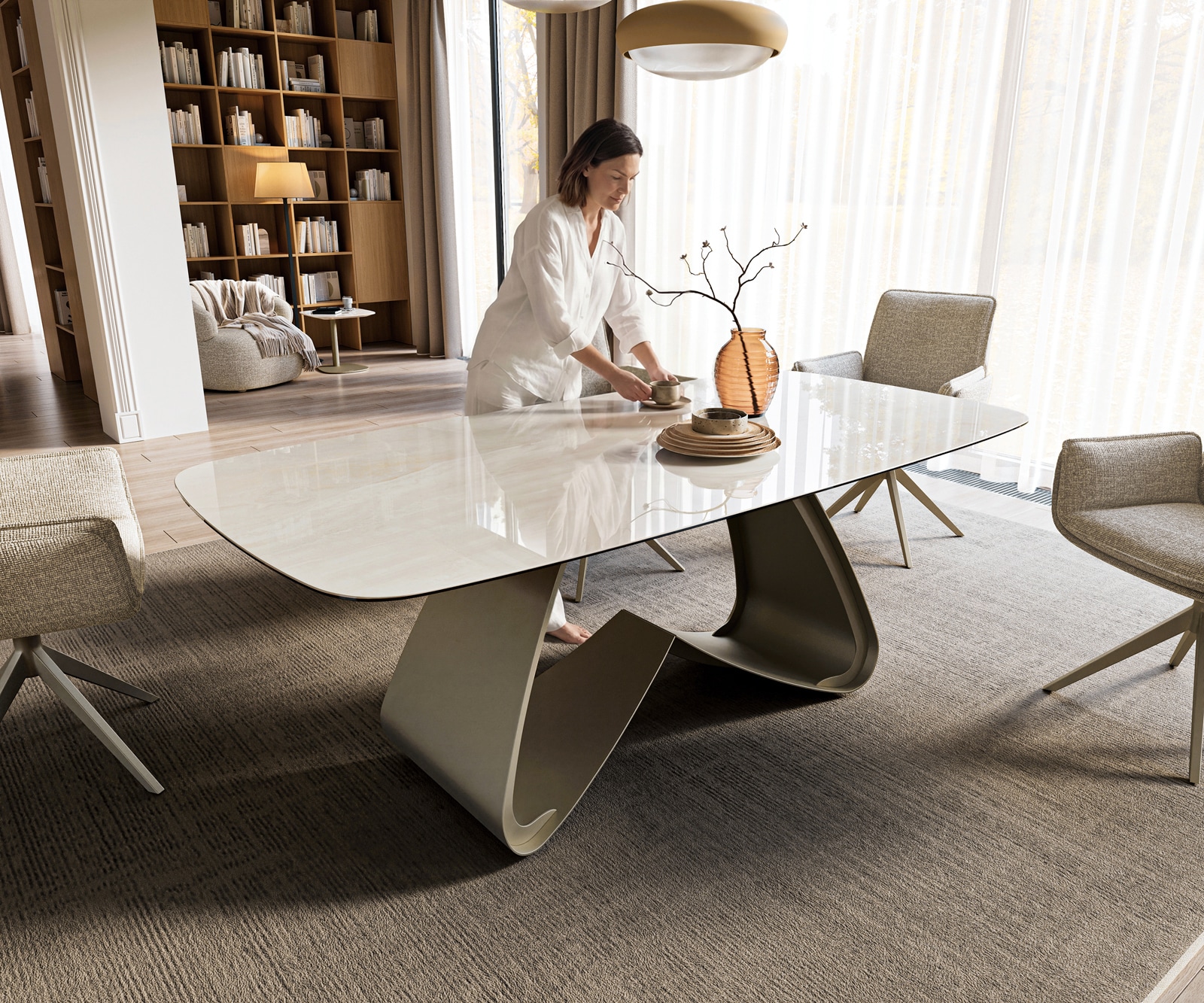 Esstisch Edge Boot 200x100 cm Keramik Onyx Champagne W-Gestell Metall Effektfinish Titan 1