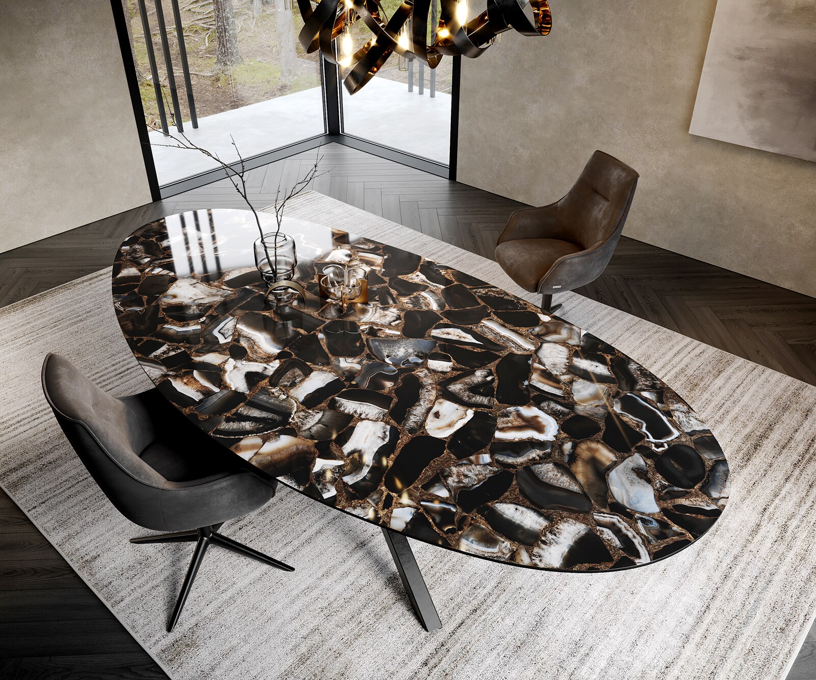 Esstisch Edge Oval 280x130 cm Keramik Iris FMG Agatablack Kreuzgestell Rechteck Schwarz 1