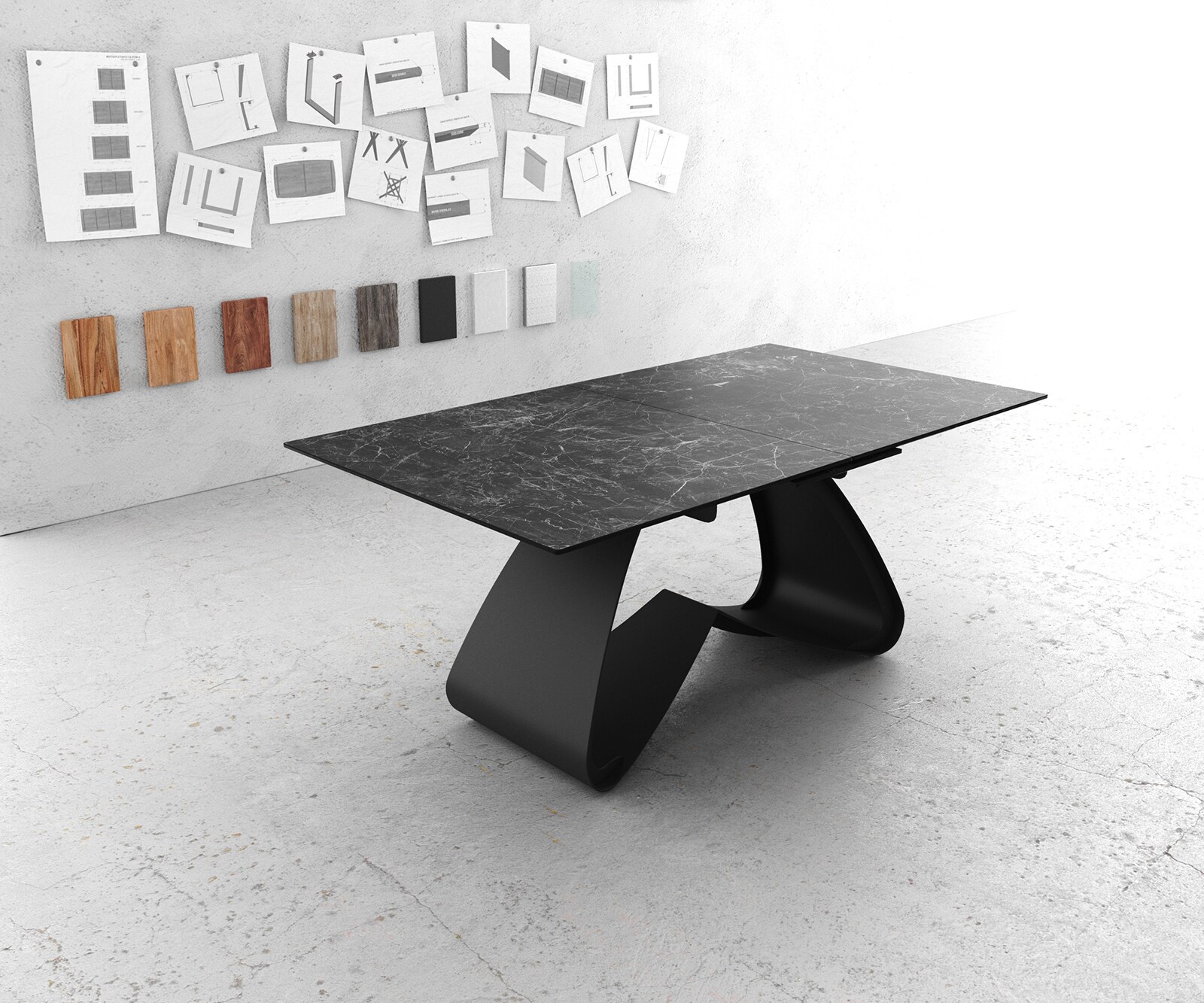 Esstisch Edge 180-220x100 Keramik Laminam®Nero Greco Anthrazit W-Gestell Schwarz ausziehbar 1