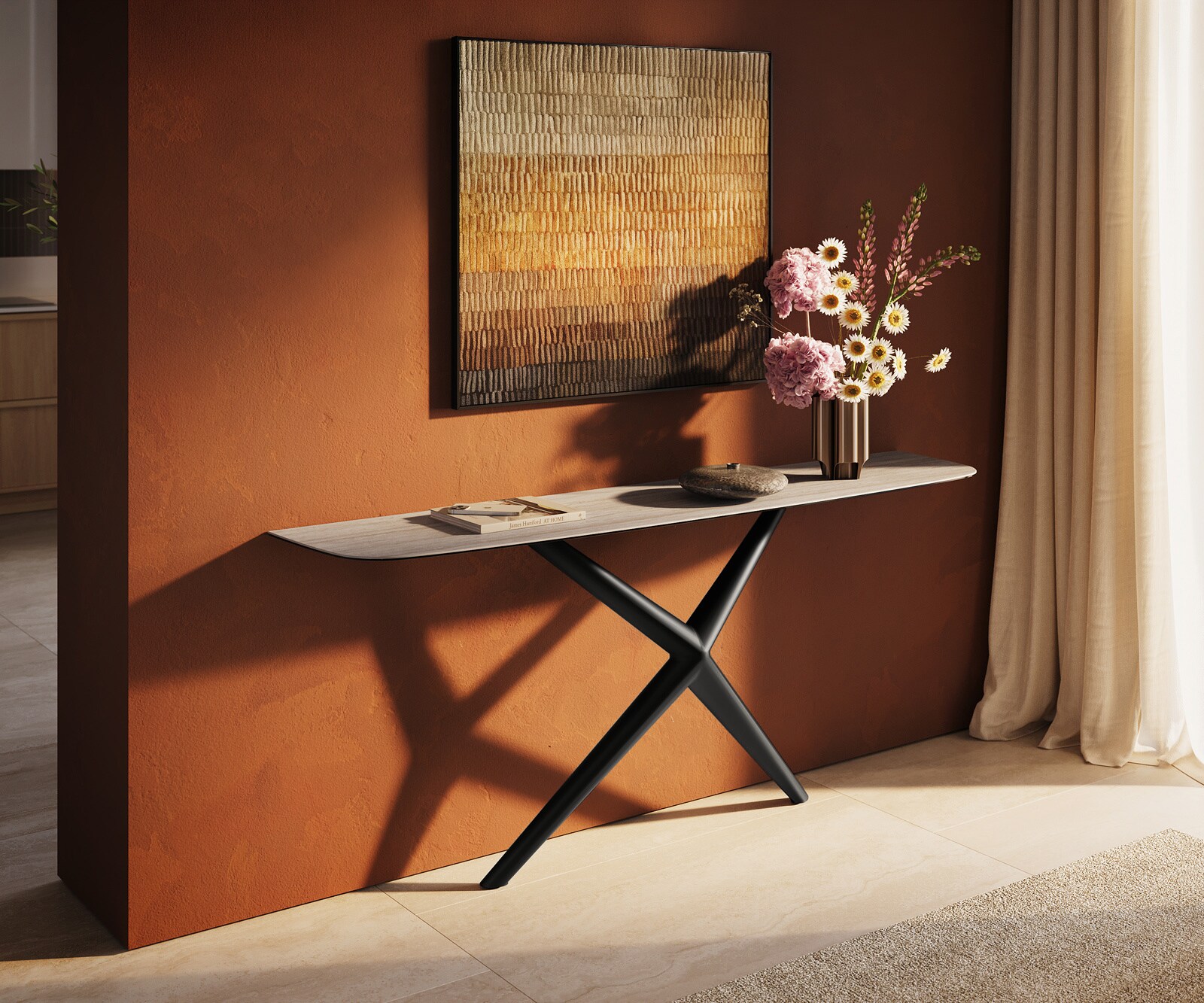 Konsolentisch Edge Boot 180x40 cm Keramik Laminam® Travertino Bianco Creme-Weiß Estelo Metall Schwarz 1