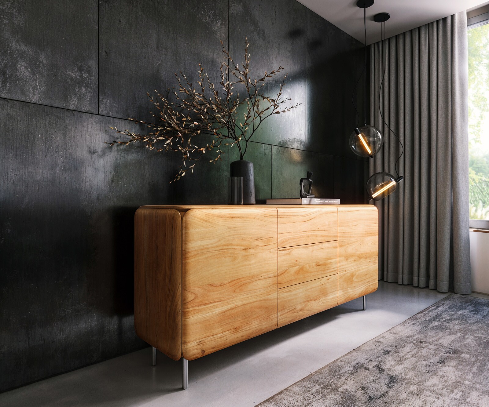 Sideboard Shavani 175 cm Akazie Natur 2 Türen 3 Schubladen Rundfuß Edelstahl Silber