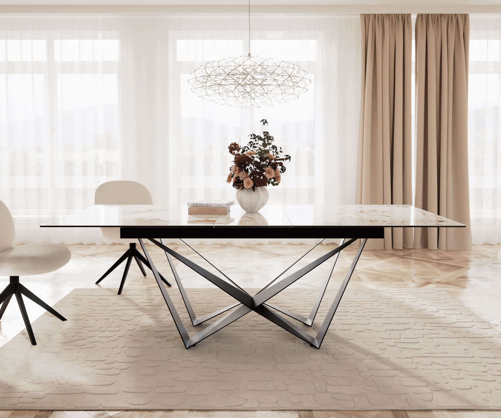 Esstisch Edge 180-220x100 Keramik Minas Melange Weiß-Beige Spider Flachstahl Schwarz ausziehbar 1 Esstisch Edge 180-220x100 Keramik Minas Melange Weiß-Beige Spider Flachstahl Schwarz ausziehbar 1