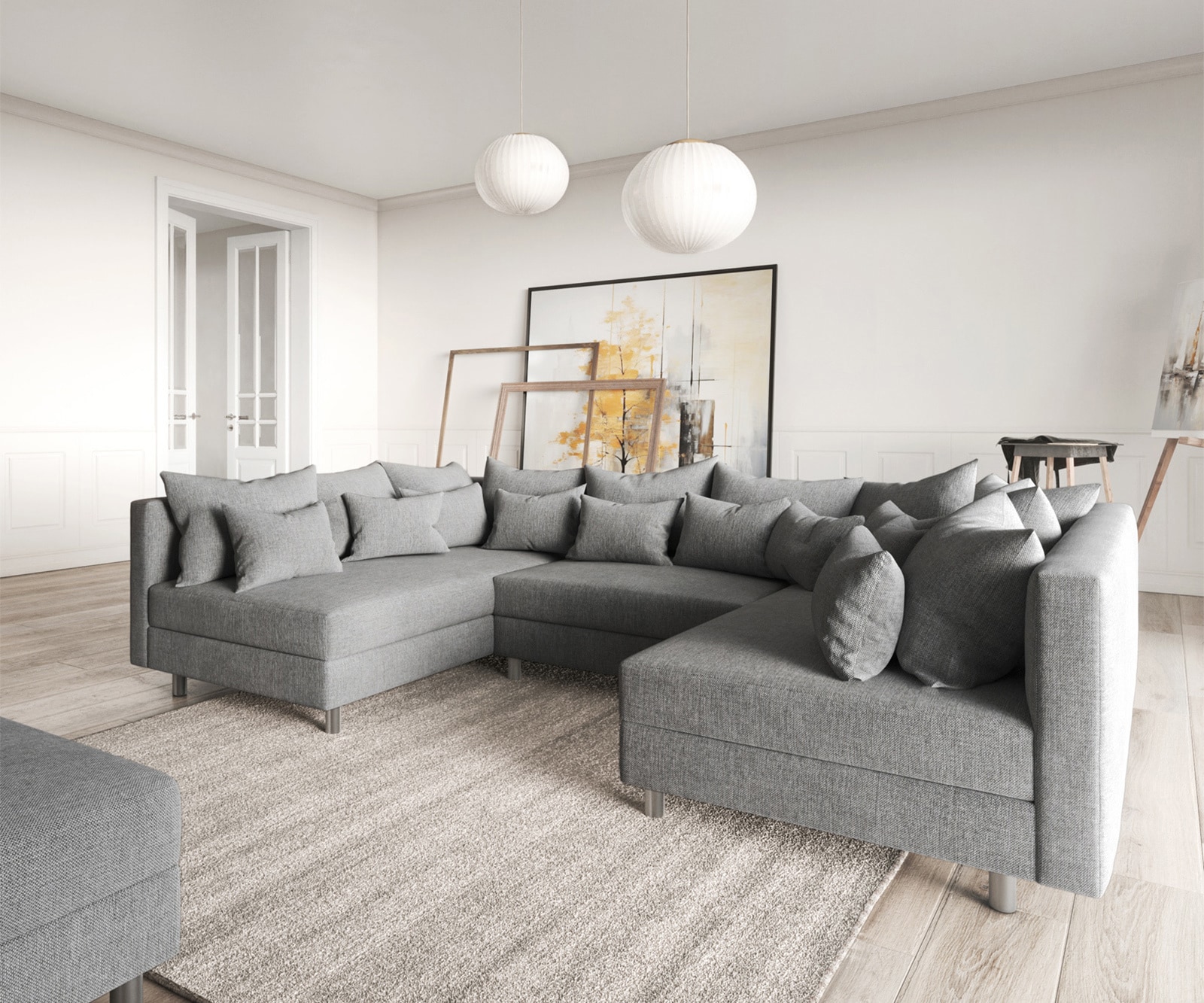 Wohnlandschaft Clovis Grau modular Flachgewebe Hocker  2 Wohnlandschaft Clovis Grau modular Flachgewebe Hocker  2