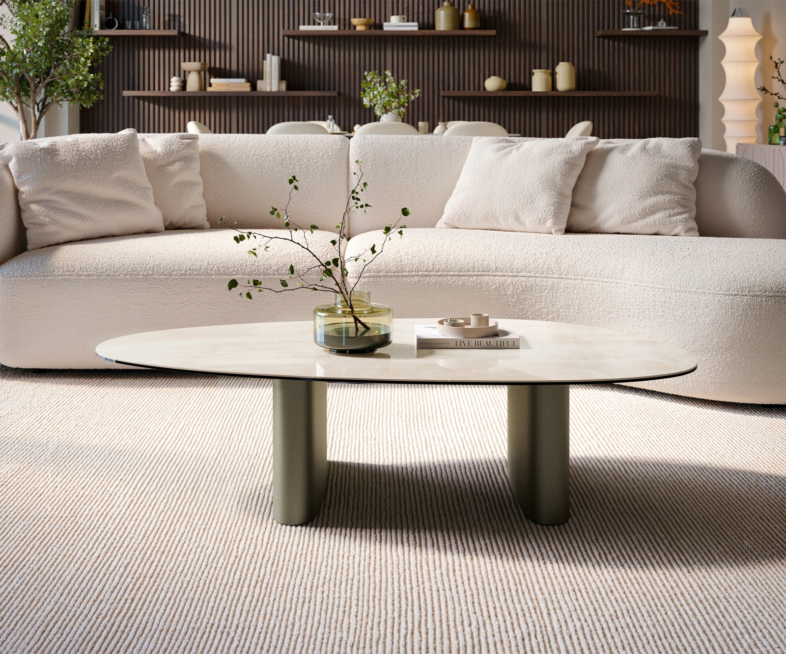 Couchtisch Edge Oval 140x75 cm Keramik Onyx Champagne Ovada Effektfinish Titan